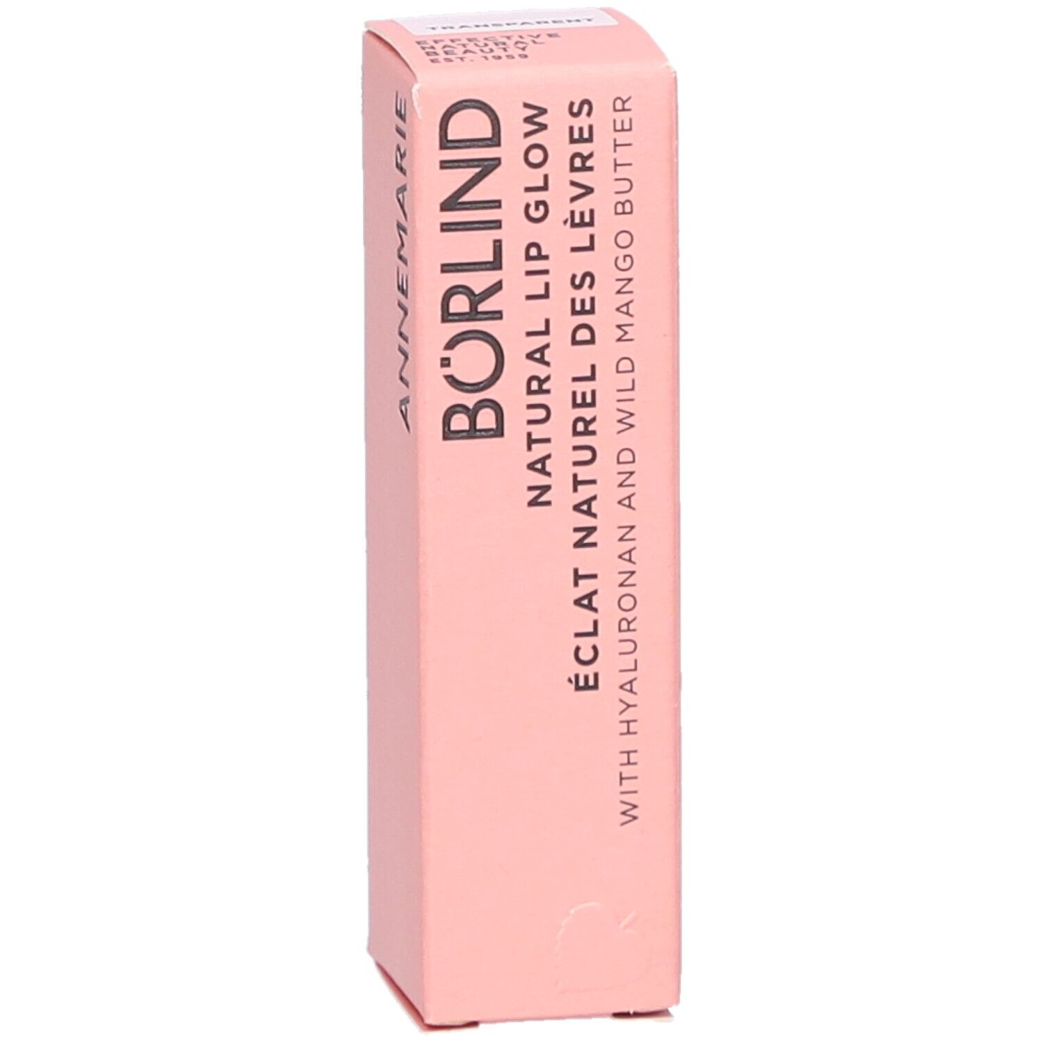 Roze verpakking. Opschrift: ANNEMARIE BÖRLIND. NATURAL LIP GLOW. Bevat hyaluron en mangoboter. Verticale weergave.