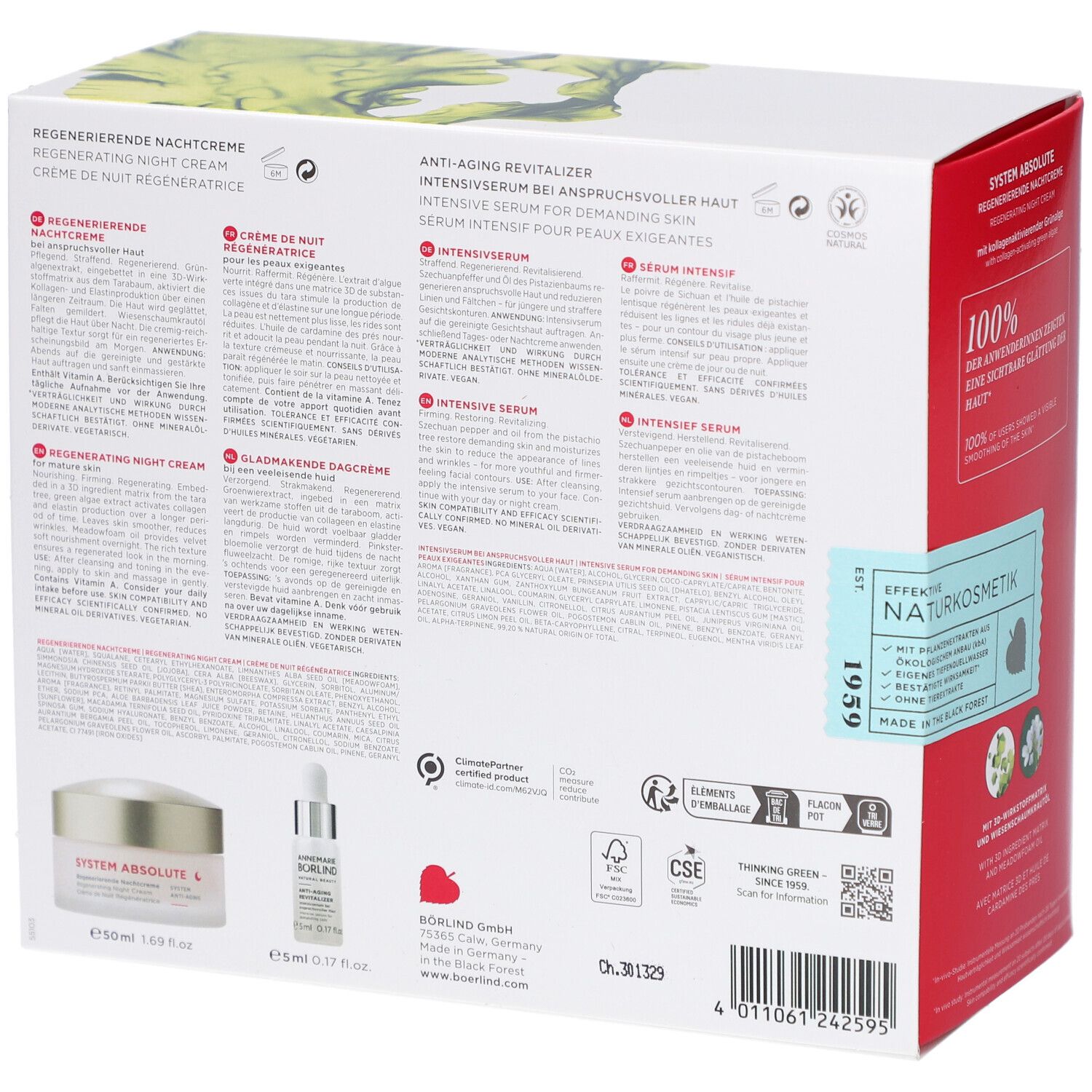 Achterkant van de Anti-Aging Power Duo Nachtverzorgingsset verpakking. Productnamen, ingrediënten, logo en certificeringen.