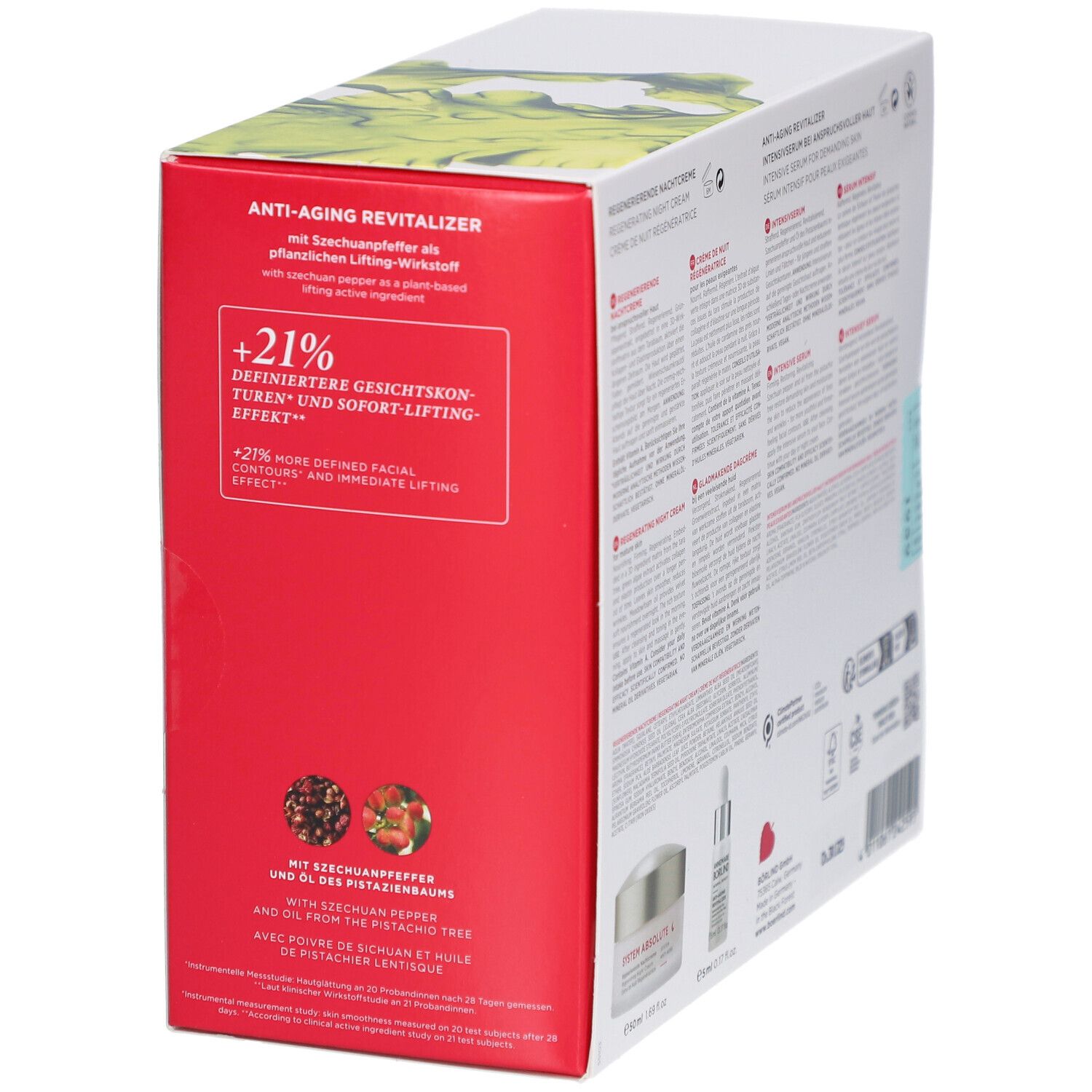 Zijkant van de Anti-Aging Power Duo Nachtverzorgingsset verpakking. Productnamen, ingrediënten, logo en certificeringen.