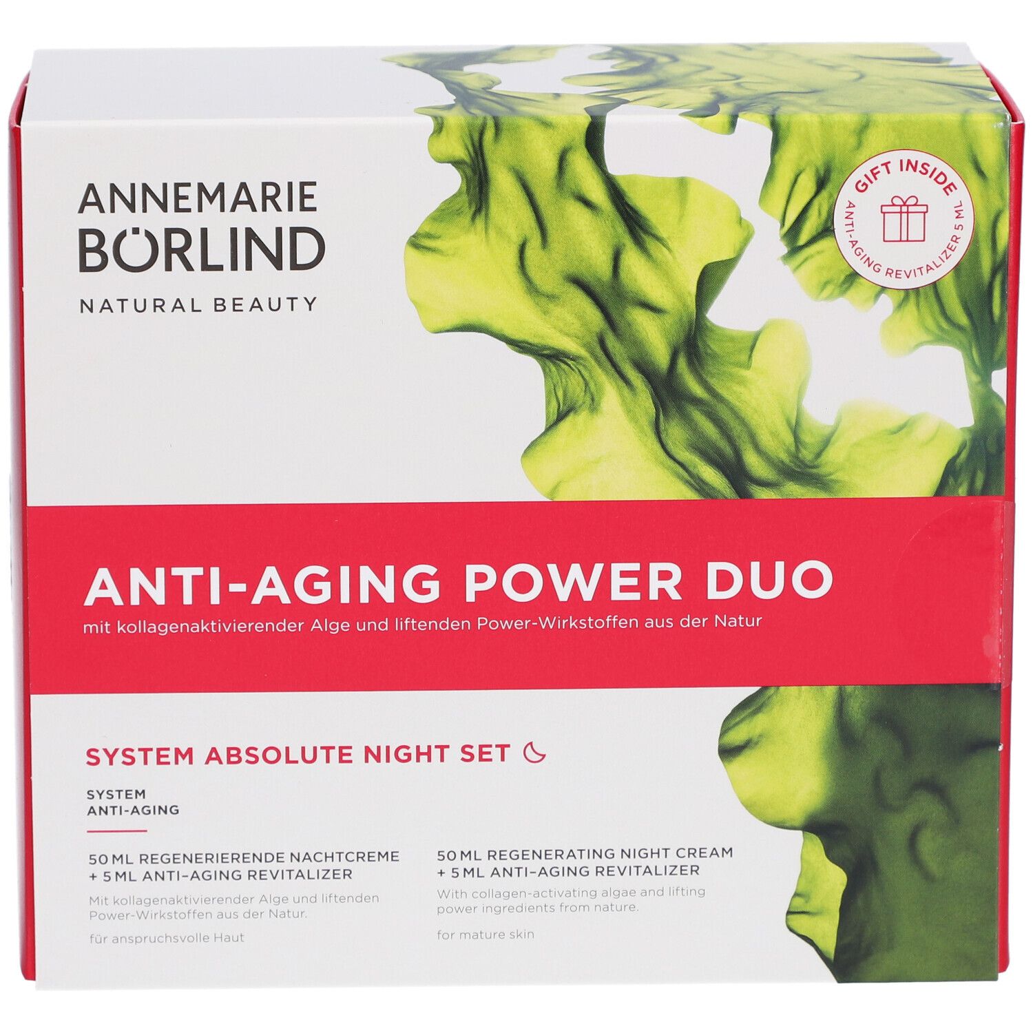 Verpakking van de Anti-Aging Power Duo Nachtverzorgingsset. Rode en witte doos met productnaam en logo. Bevat een cadeau.