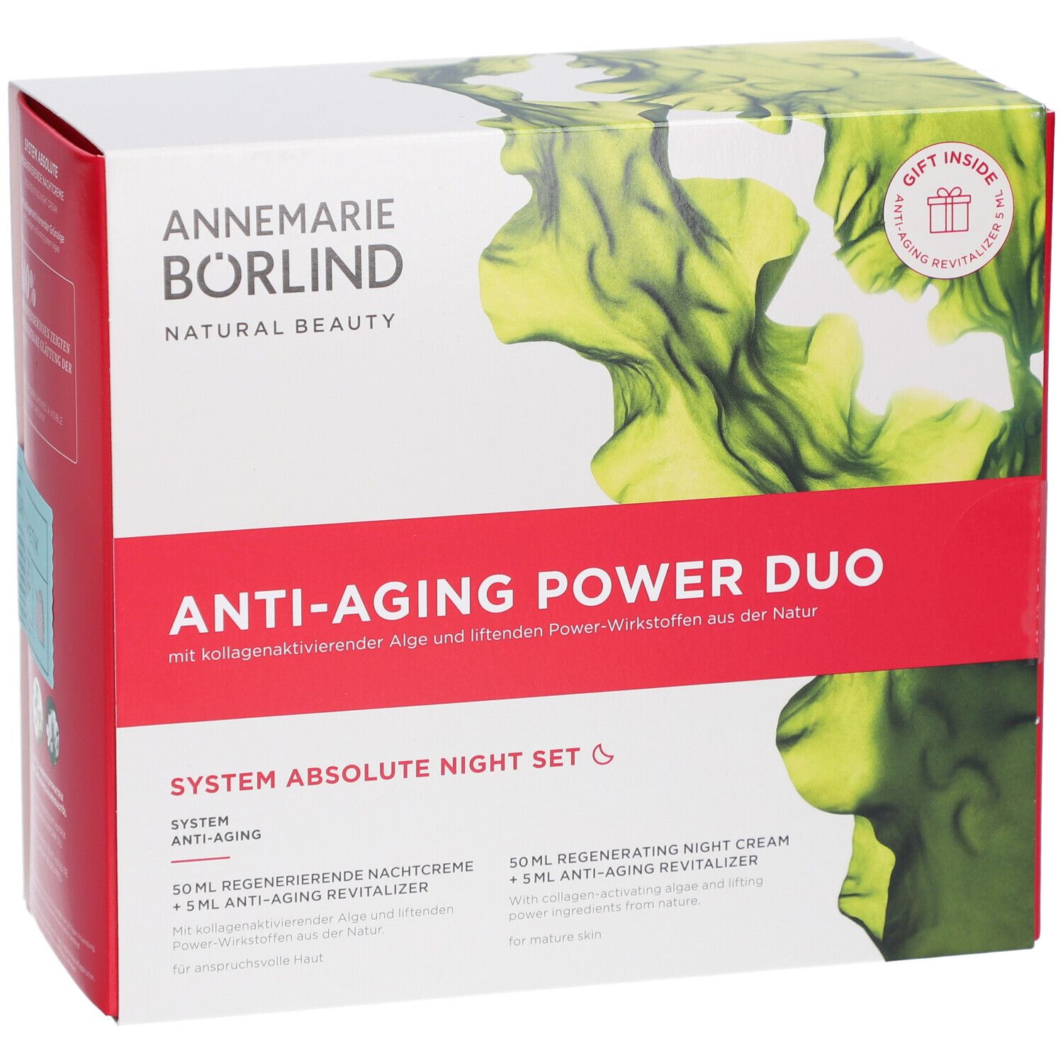 Verpakking van de Anti-Aging Power Duo Nachtverzorgingsset. Rode en witte doos met productnaam en logo. Bevat een cadeau.