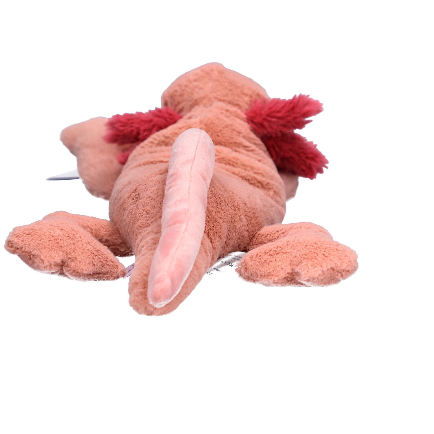 Achteraanzicht van een roze axolotl knuffel met rode kieuwen en staart.