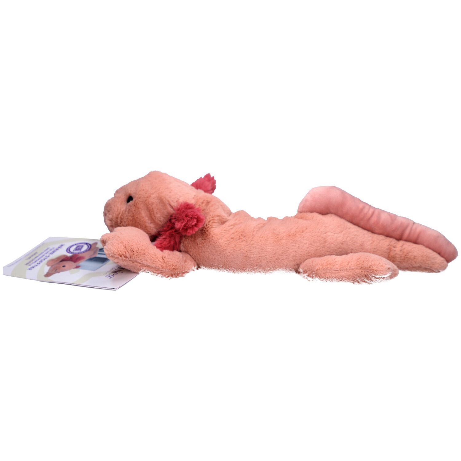 Roze axolotl knuffel met rode kieuwen, naast een brochure.