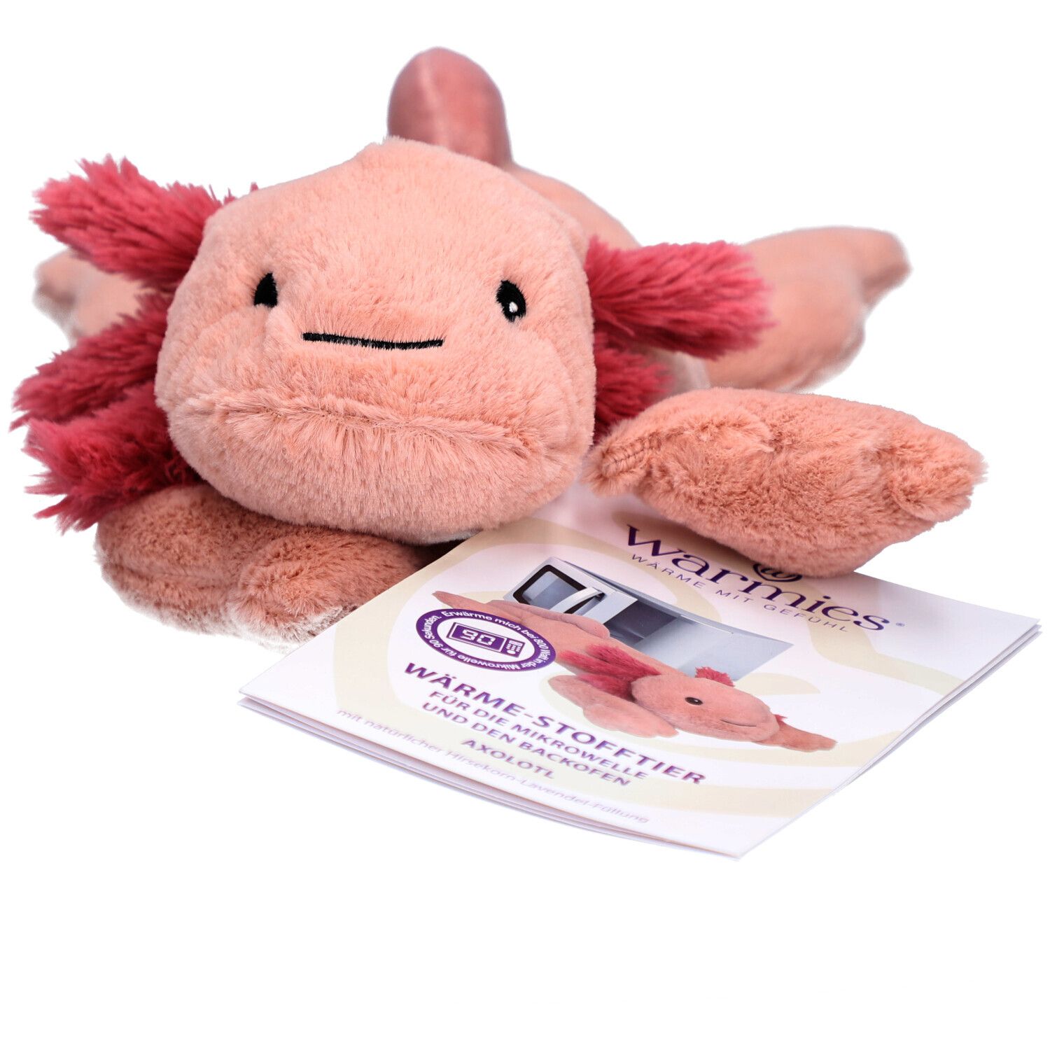 Roze axolotl knuffel met rode kieuwen. Naast een brochure met productafbeelding en logo.