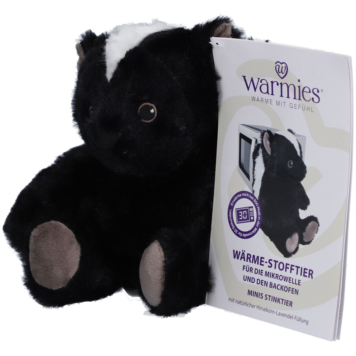 Peluche mouffette noire avec bande blanche sur la tête. Pattes beiges. Instructions incluses.
