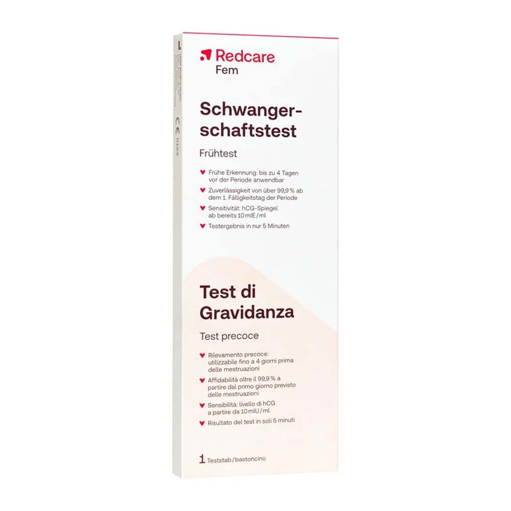 Emballage de test de grossesse Redcare Fem. Texte : Test de grossesse, test précoce, Test di Gravidanza.