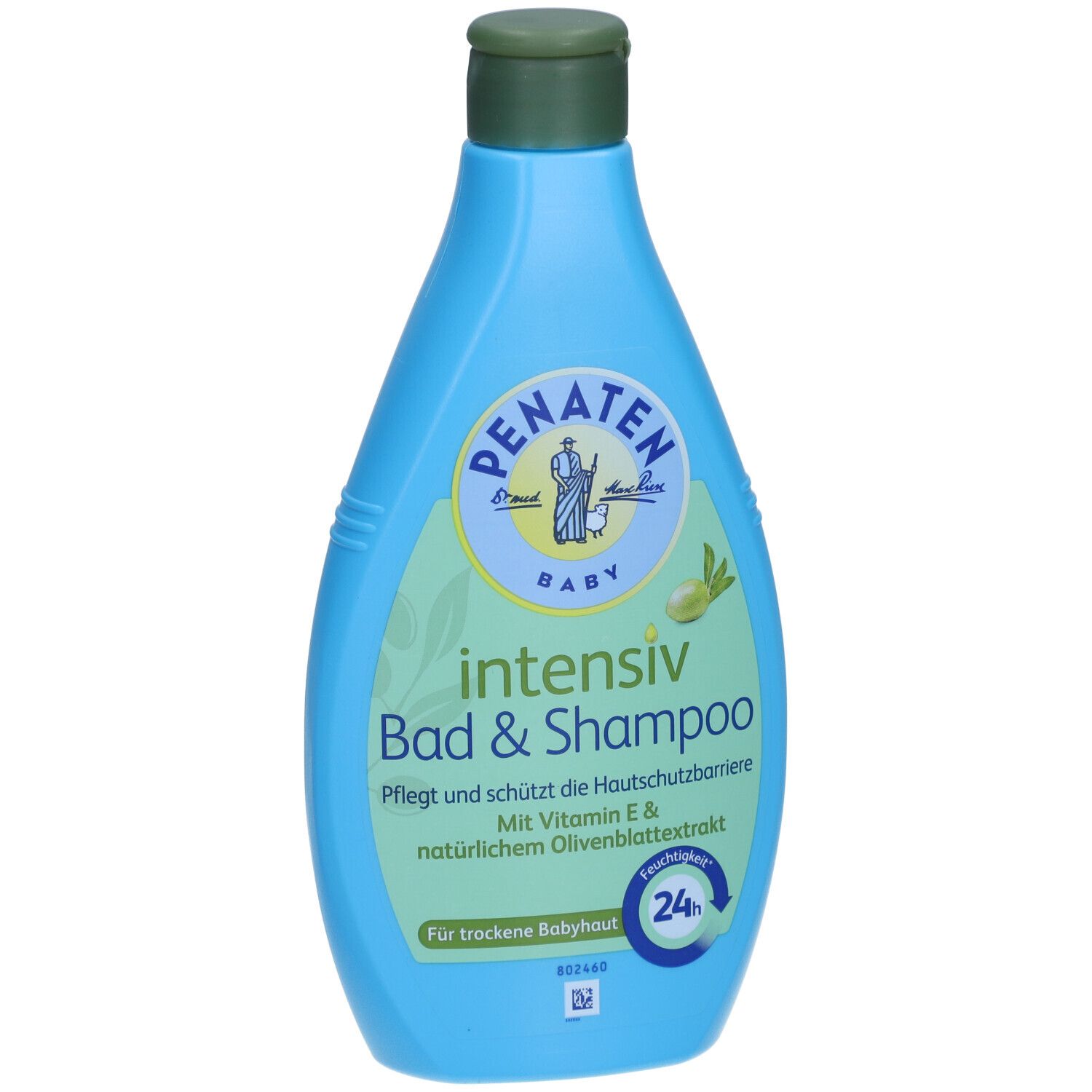 Flacon bleu clair avec bouchon vert. Inscription : PENATEN BABY intensiv Bad & Shampoo. Avec vitamine E et extrait de feuilles d'olivier.