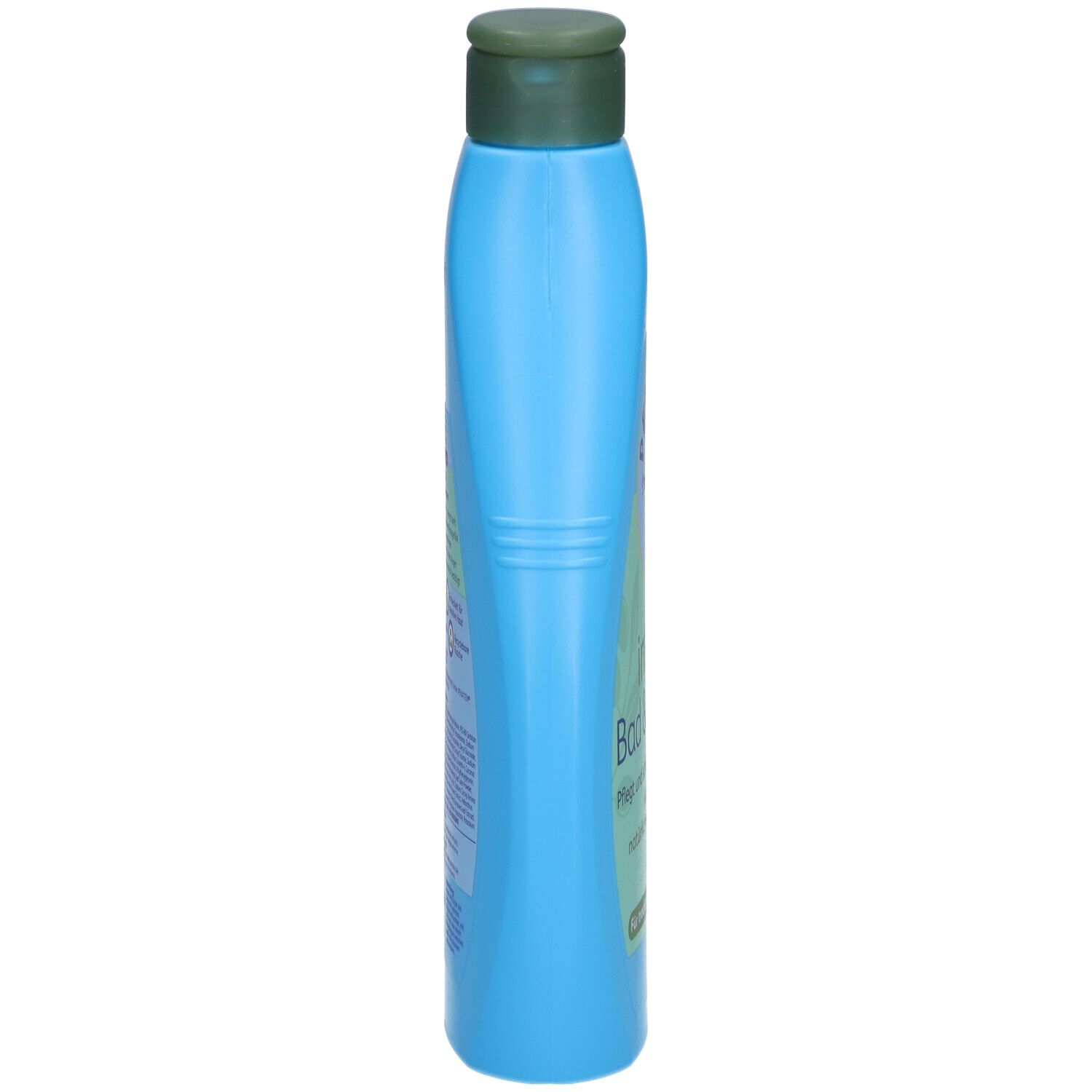 Flacon bleu clair étroit avec bouchon vert. Inscription latérale.