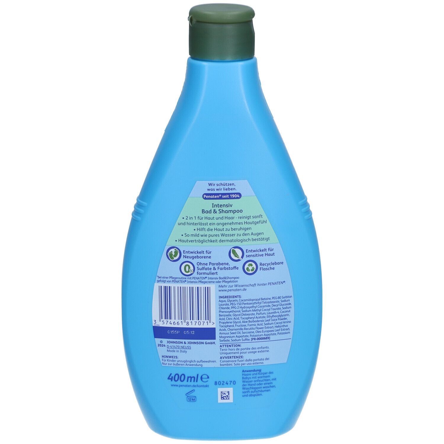 Dos d'un flacon bleu clair avec bouchon vert. Inscriptions avec ingrédients et informations.