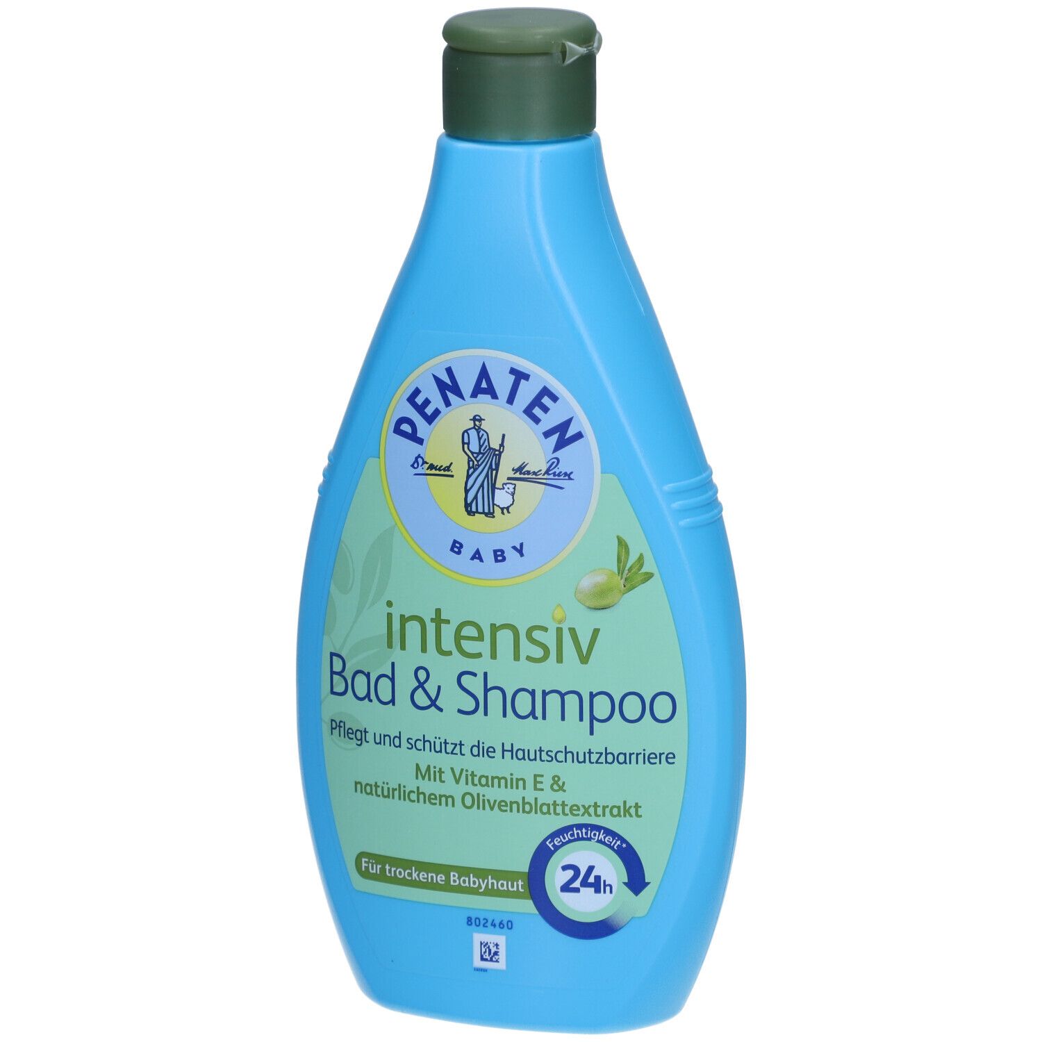 Flacon bleu clair avec bouchon vert. Inscription : PENATEN BABY intensiv Bad & Shampoo. Avec vitamine E et extrait de feuilles d'olivier.