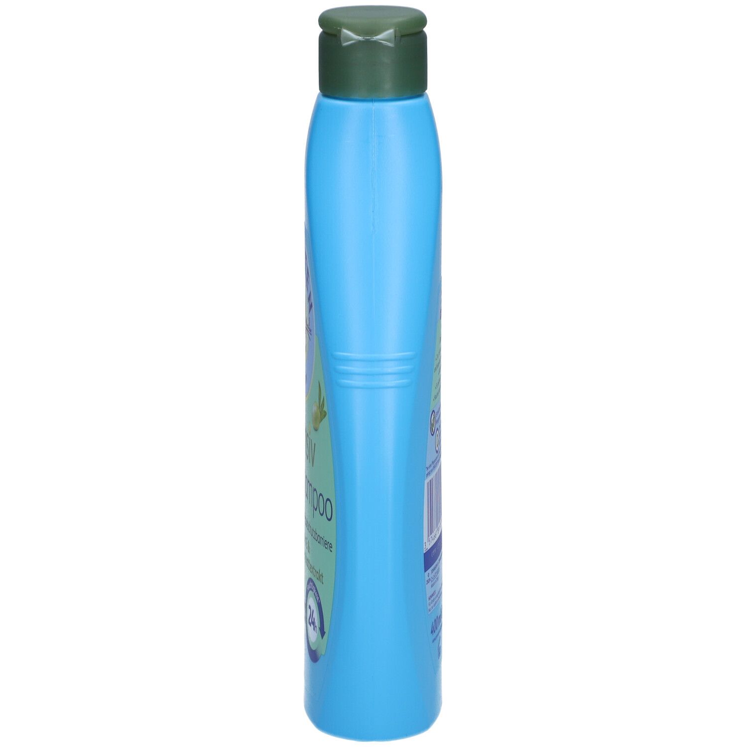 Flacon bleu clair étroit avec bouchon vert. Inscription latérale.