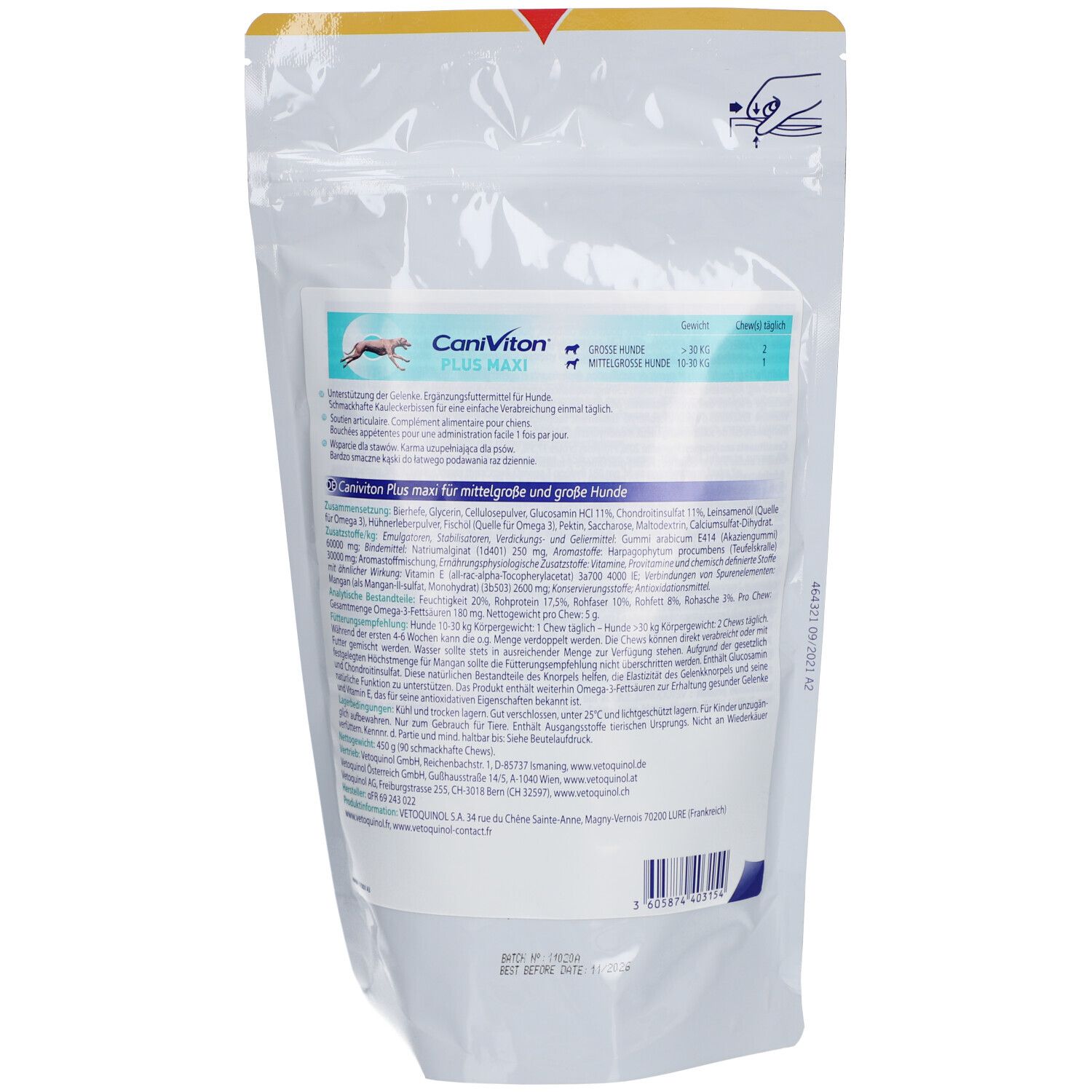 Dos du paquet CaniViton Plus Maxi. Contient des informations textuelles, des ingrédients et les coordonnées du fabricant. Avec sceau.