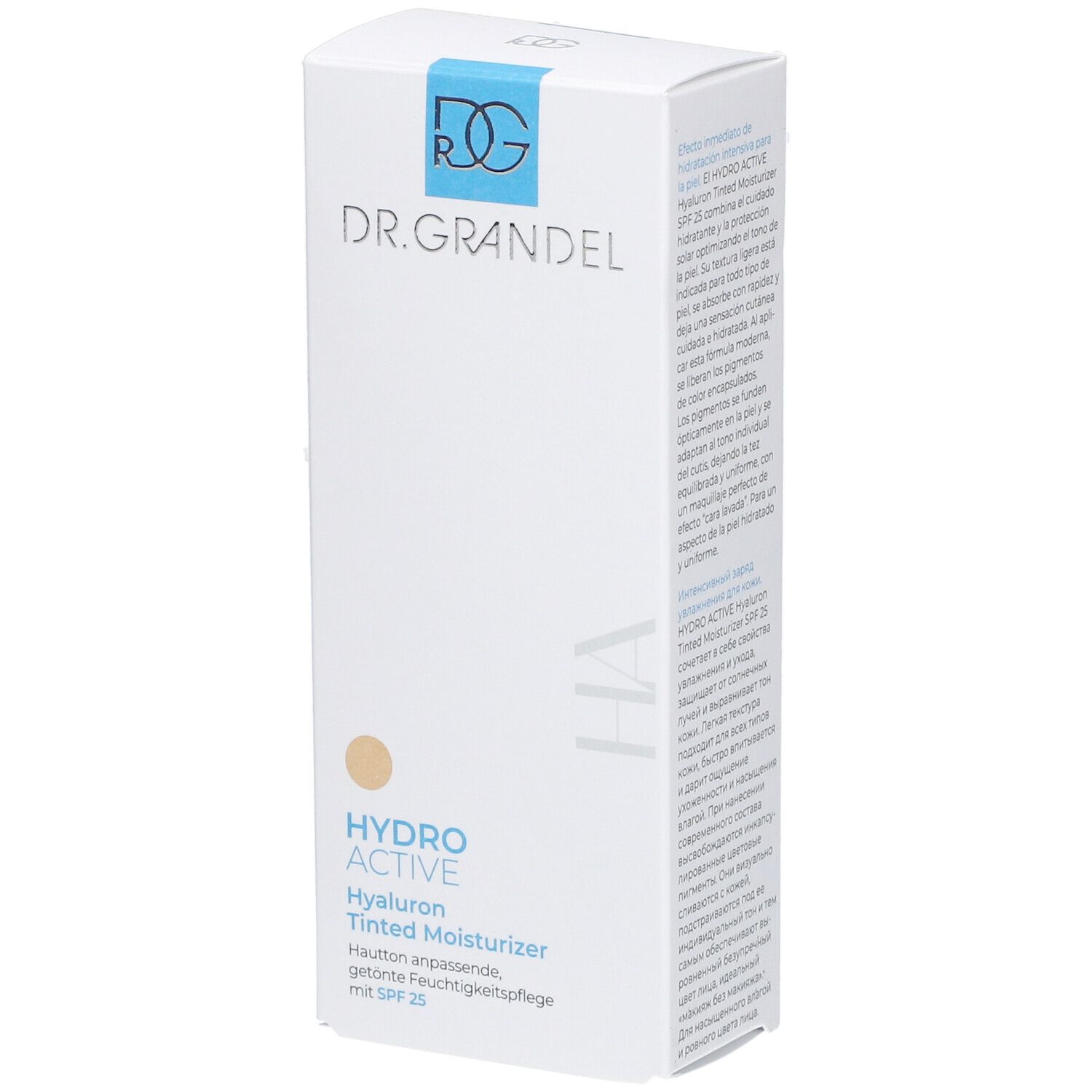 Boîte blanche avec informations produit. Logo DR. GRANDEL. Inscription: HYDRO ACTIVE Hyaluron Tinted Moisturizer avec SPF 25. Teinte.