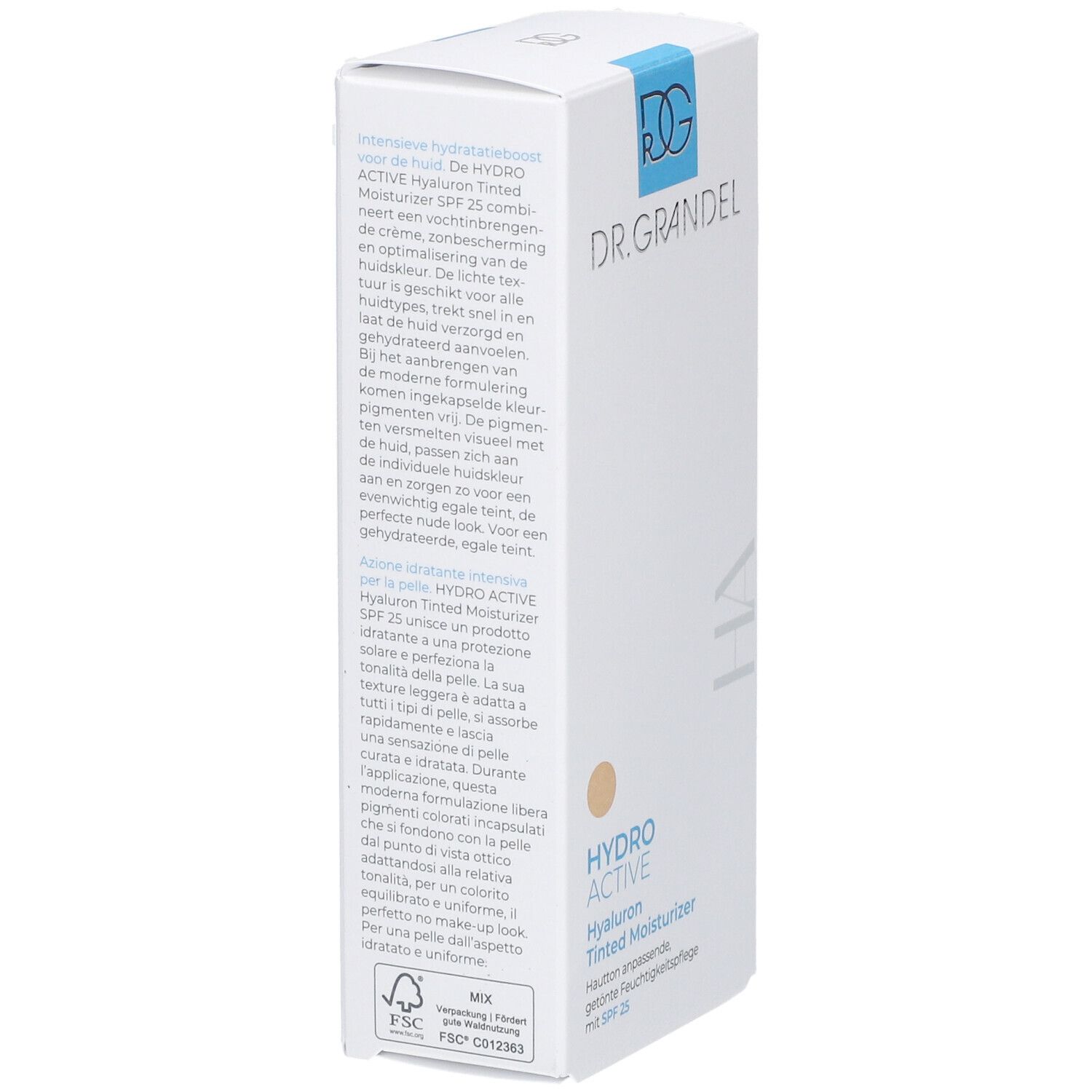 Boîte blanche, vue latérale. Logo DR. GRANDEL. Texte: HYDRO ACTIVE Hyaluron Tinted Moisturizer SPF 25. Certification FSC.