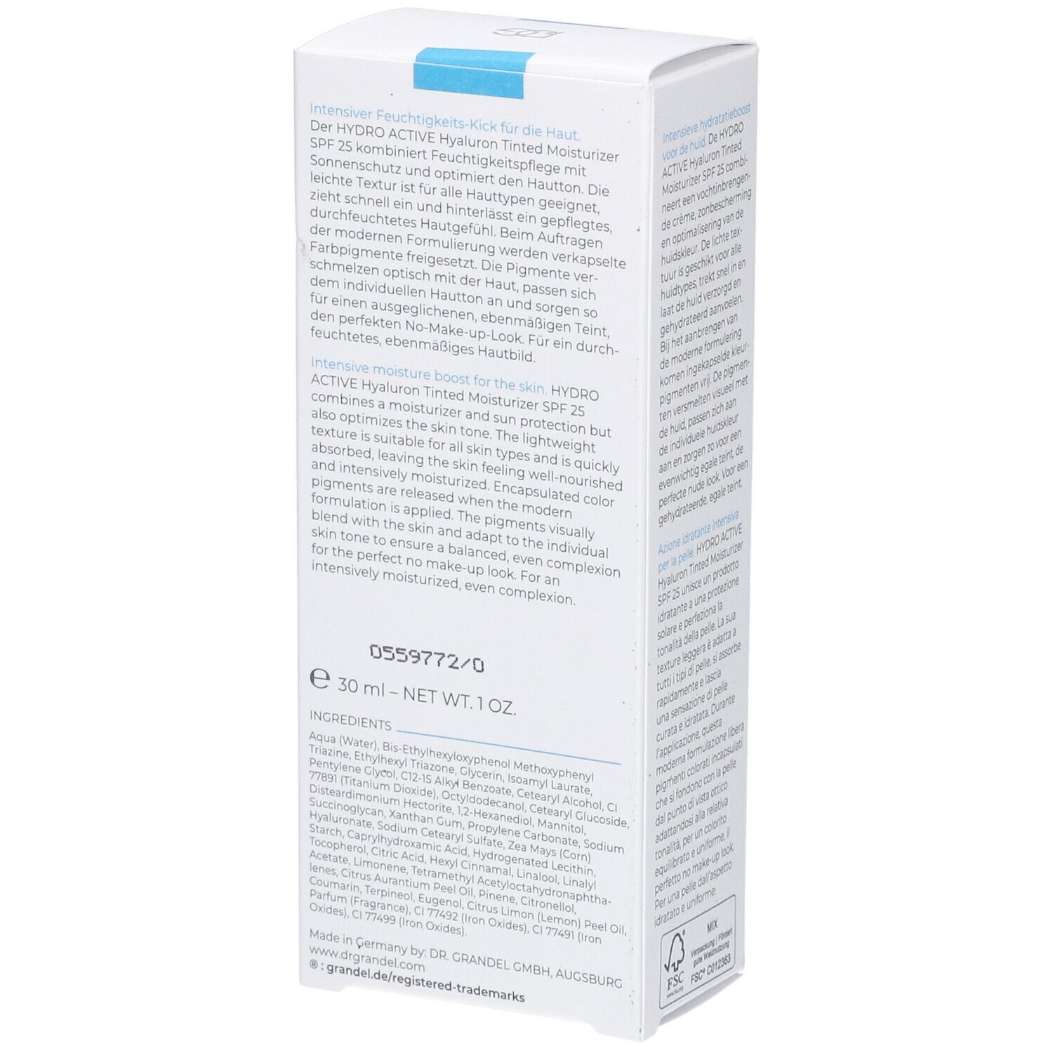 Boîte blanche, vue détaillée. Texte: HYDRO ACTIVE Hyaluron Tinted Moisturizer SPF 25. Volume: 30 ml. Informations fabricant.