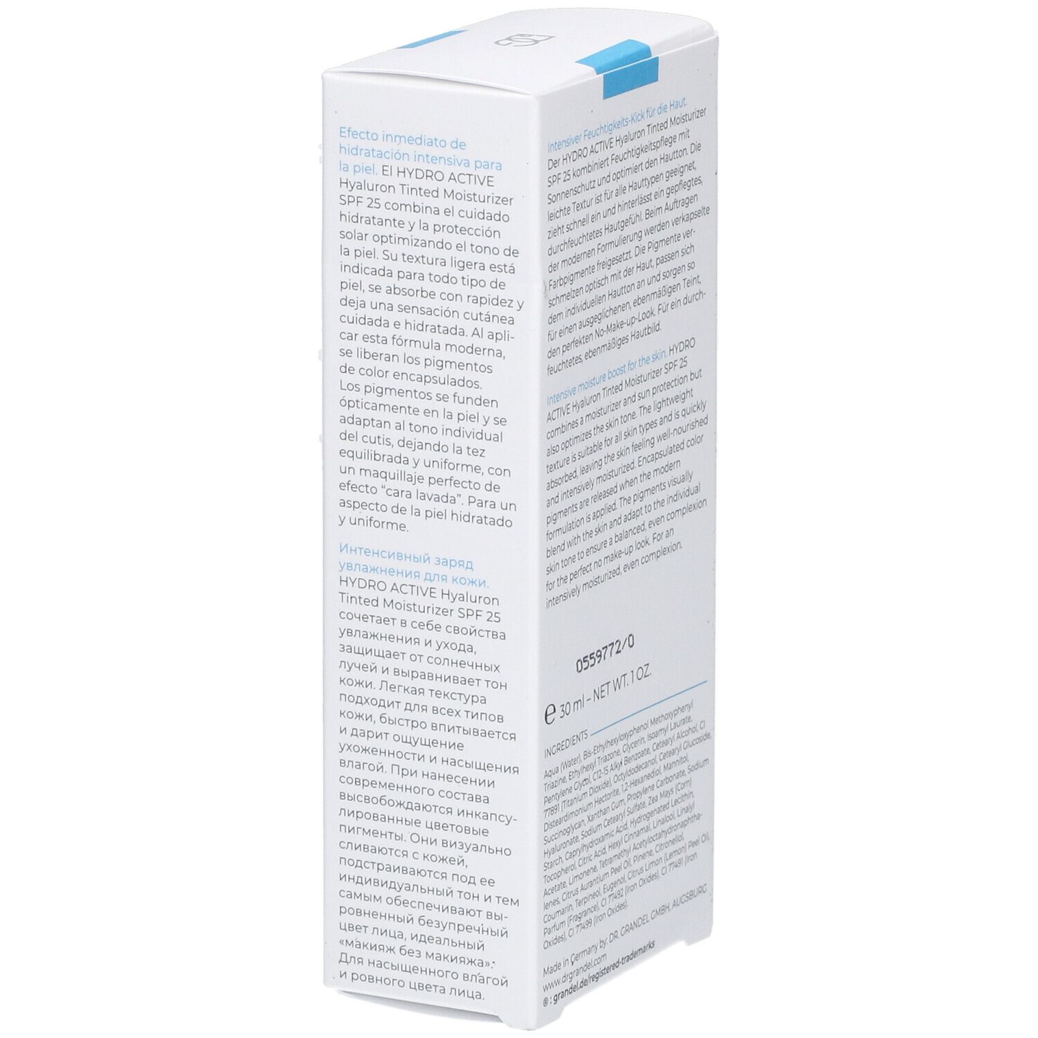 Boîte blanche, vue détaillée. Texte: HYDRO ACTIVE Hyaluron Tinted Moisturizer SPF 25. Informations fabricant. Code EAN.
