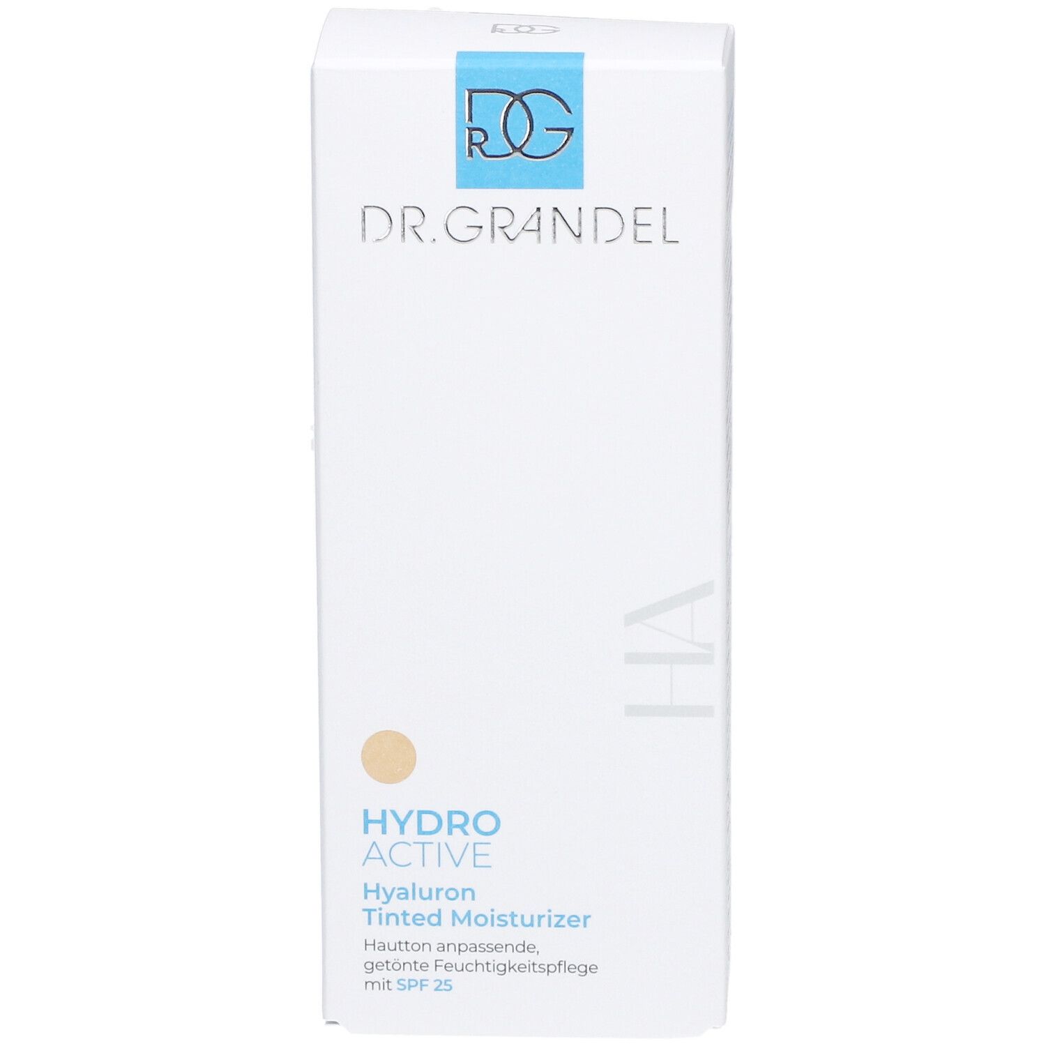 Boîte blanche avec logo DR. GRANDEL. Inscription: HYDRO ACTIVE Hyaluron Tinted Moisturizer avec SPF 25. Teinte.