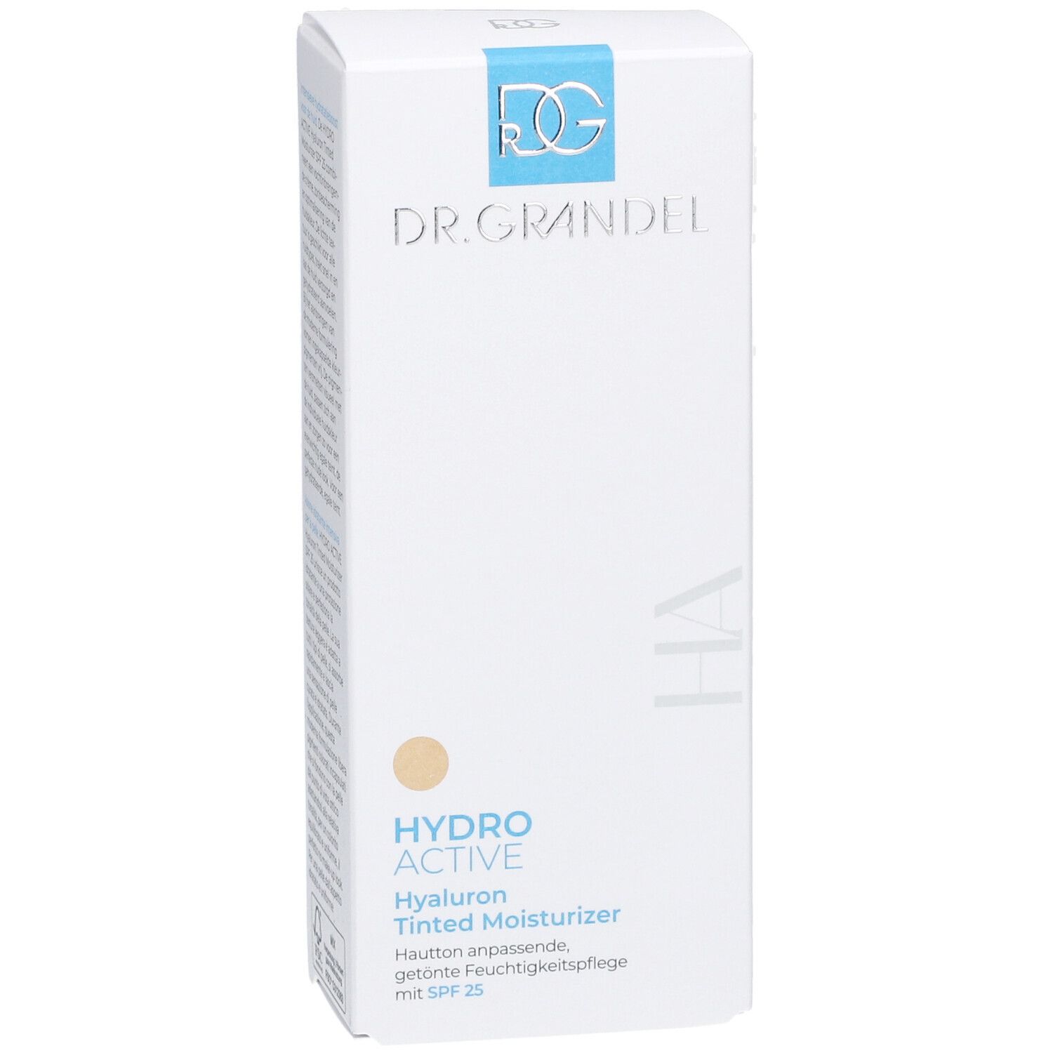 Boîte blanche avec logo DR. GRANDEL. Inscription: HYDRO ACTIVE Hyaluron Tinted Moisturizer avec SPF 25. Teinte.