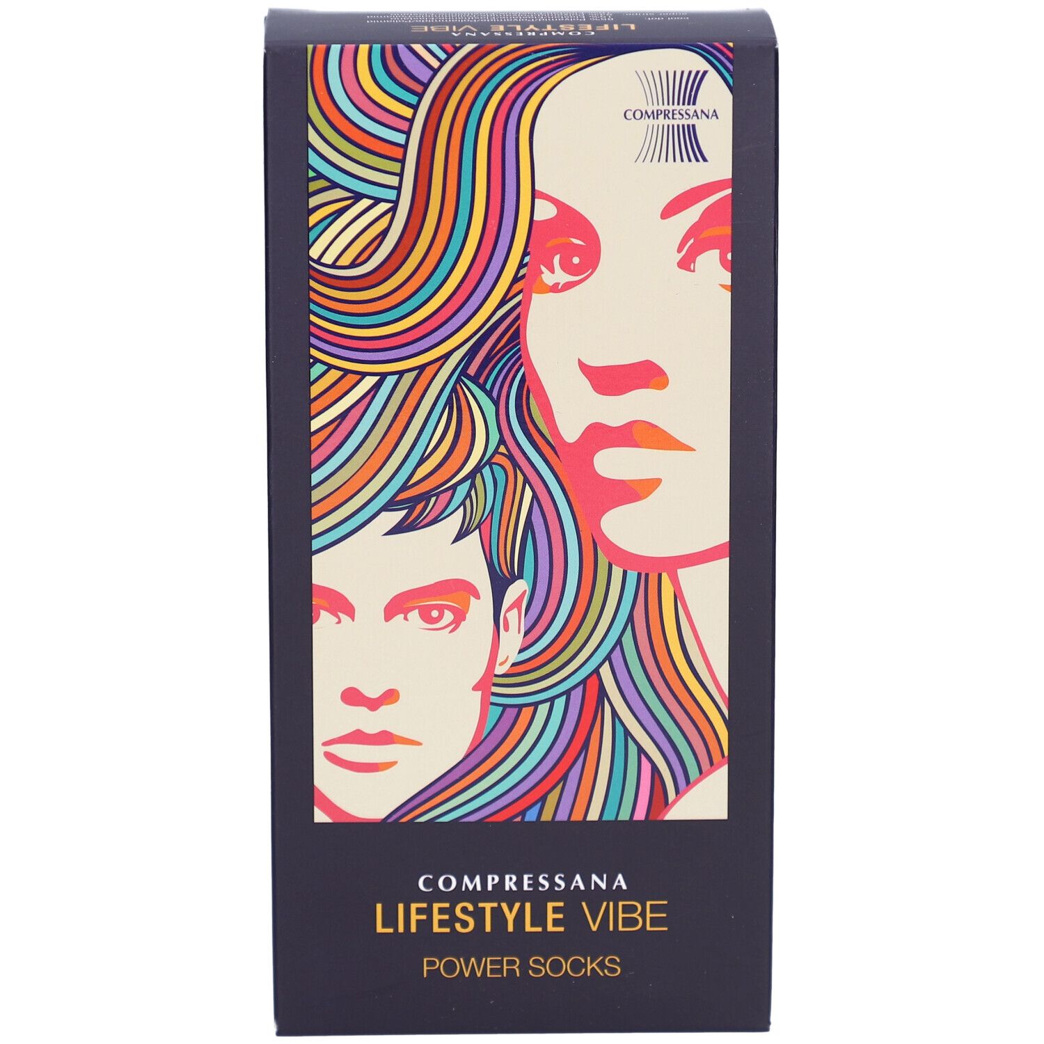 Zwarte verpakking met kleurrijk portret. Tekst: COMPRESSANA LIFESTYLE VIBE POWER SOCKS. Logo.