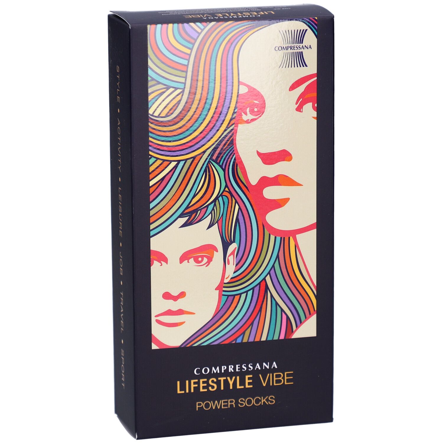 Zwarte verpakking met kleurrijk portret. Tekst: COMPRESSANA LIFESTYLE VIBE POWER SOCKS. Logo.