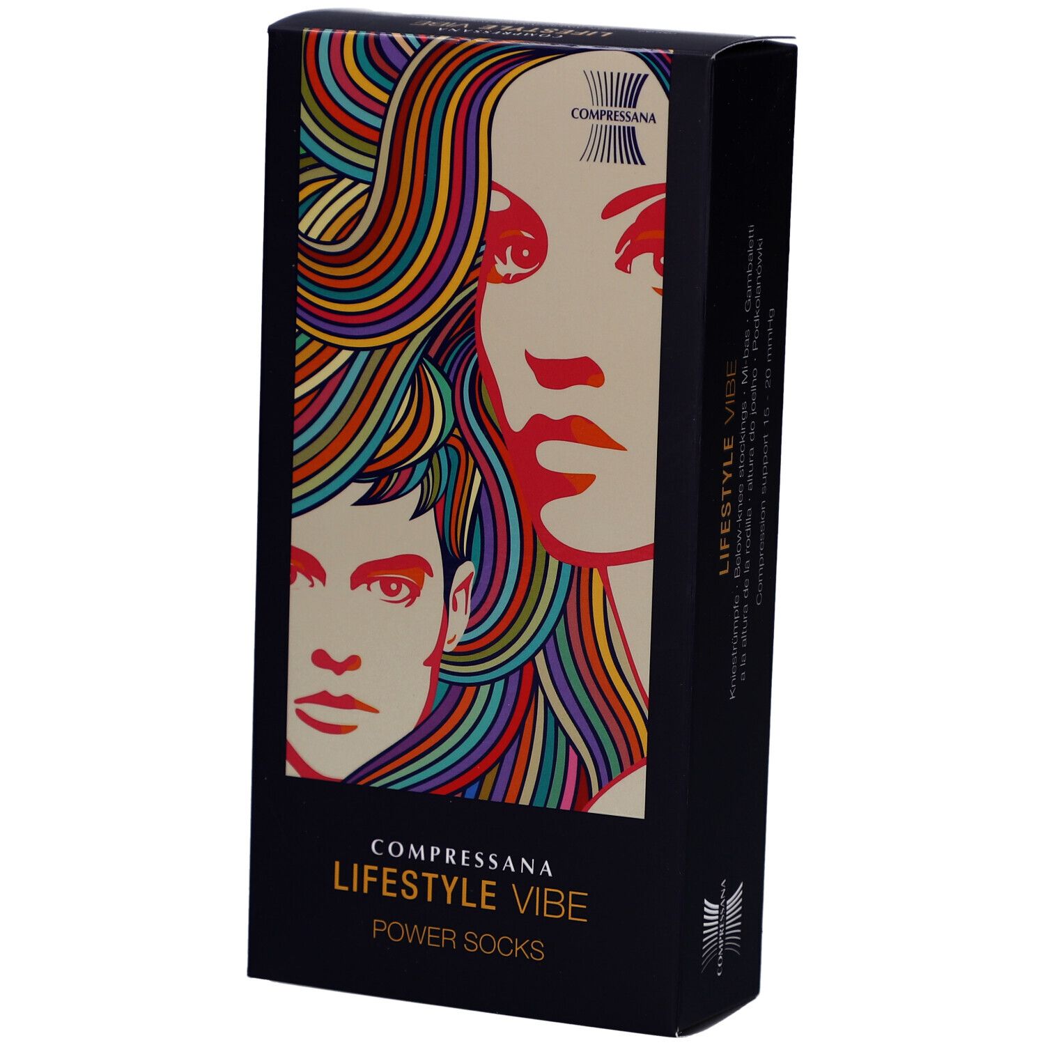 Zwarte verpakking met kleurrijk portret. Tekst: COMPRESSANA LIFESTYLE VIBE POWER SOCKS.