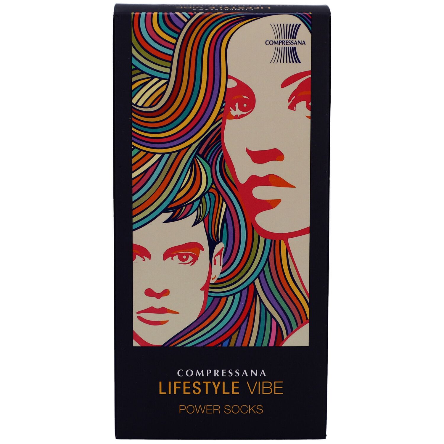 Zwarte verpakking met kleurrijk portret. Tekst: COMPRESSANA LIFESTYLE VIBE POWER SOCKS.