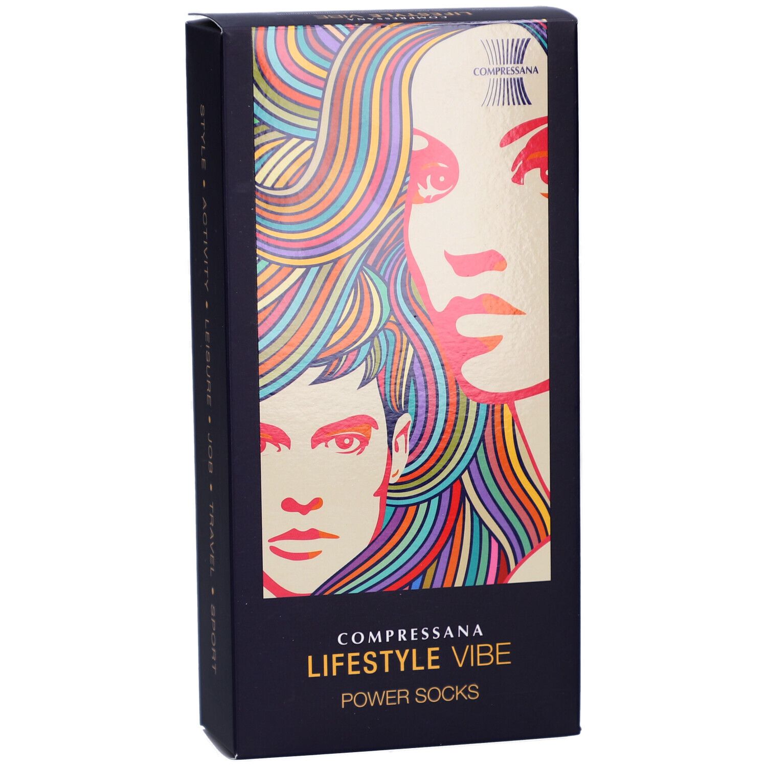 Zwarte verpakking met kleurrijk portret. Tekst: COMPRESSANA LIFESTYLE VIBE POWER SOCKS.