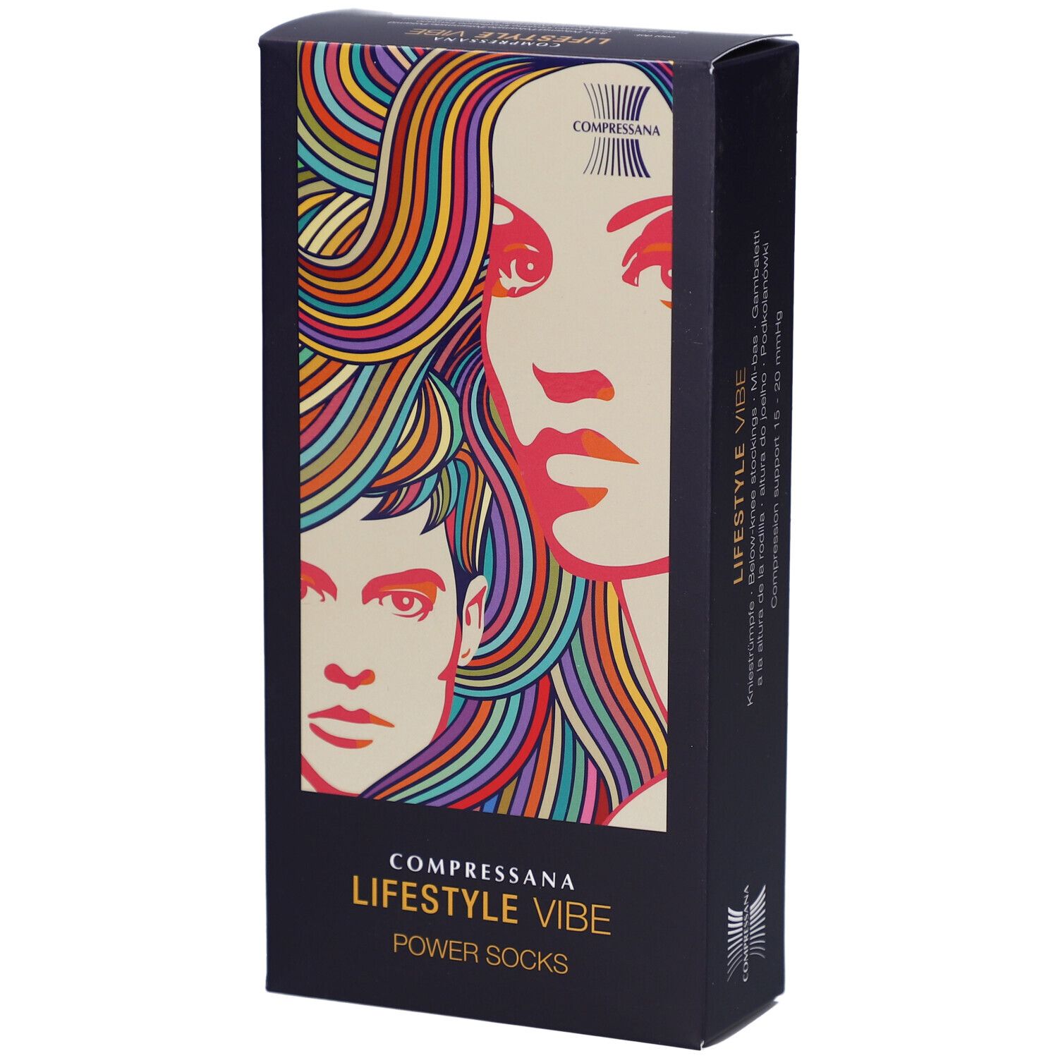 Zwarte productverpakking met kleurrijk portret. Opschrift: COMPRESSANA LIFESTYLE VIBE POWER SOCKS.