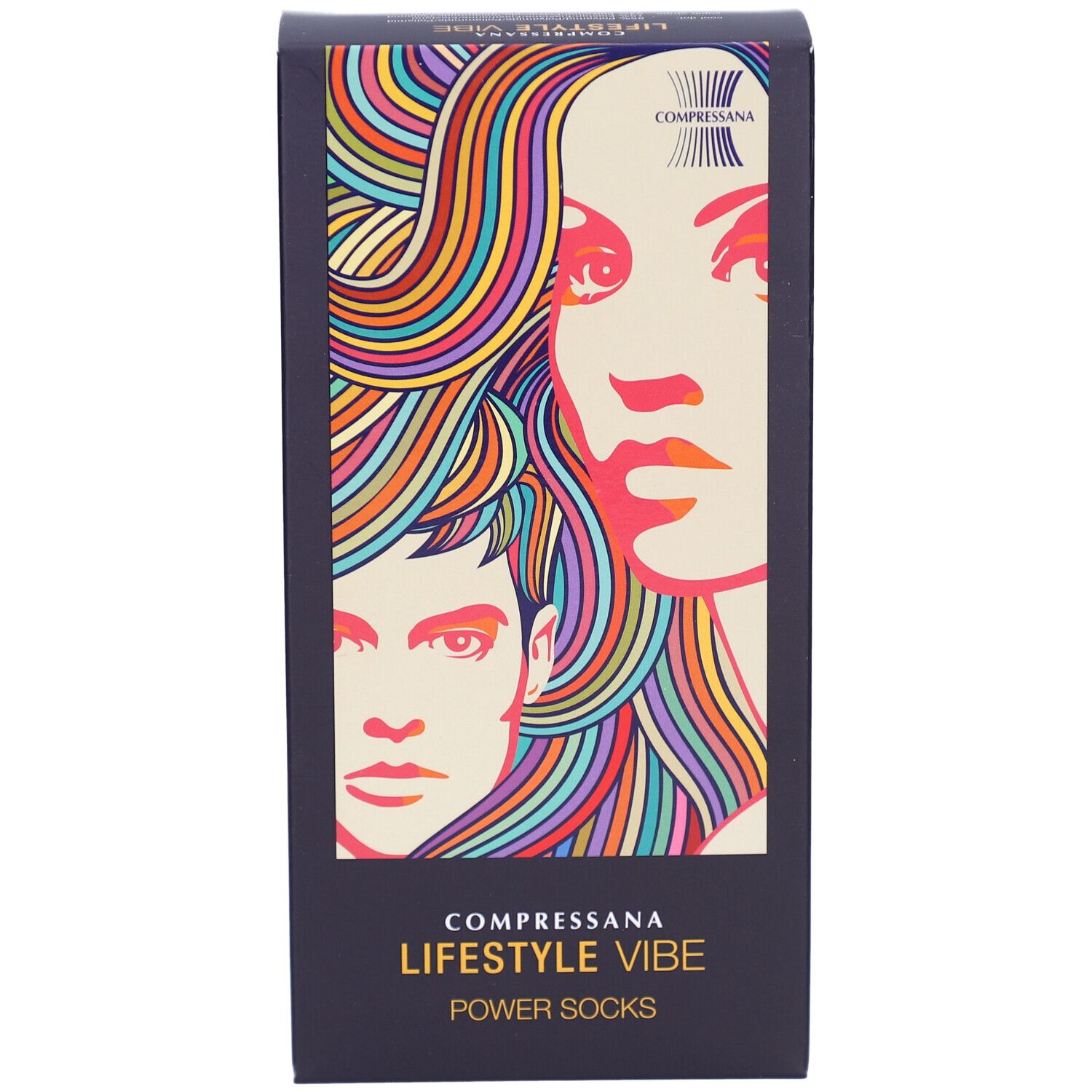 Zwarte productverpakking met kleurrijk portret. Opschrift: COMPRESSANA LIFESTYLE VIBE POWER SOCKS.