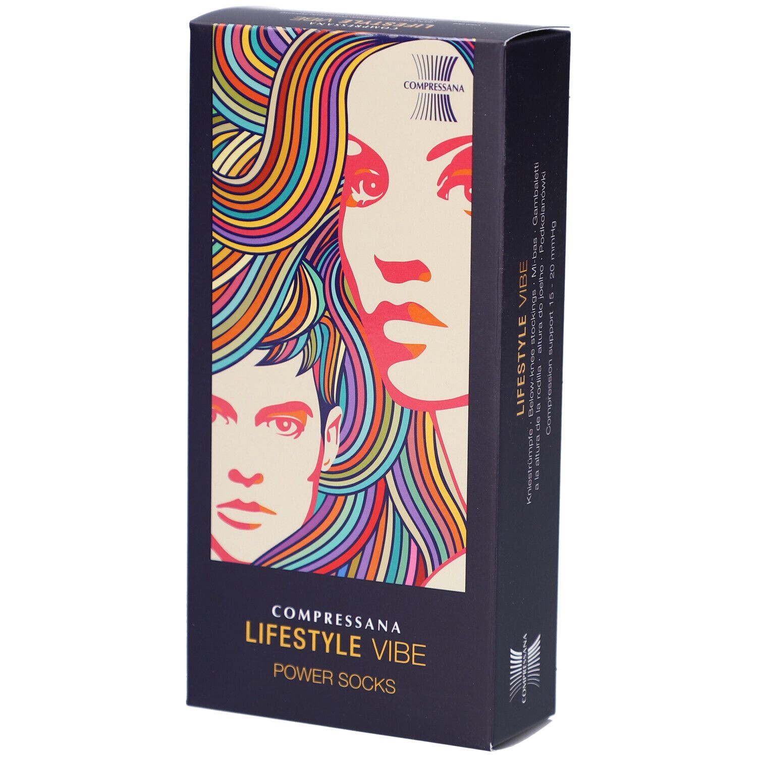 Zwarte verpakking COMPRESSANA LIFESTYLE VIBE POWER SOCKS. Illustratie van gezichten met kleurrijk haar.