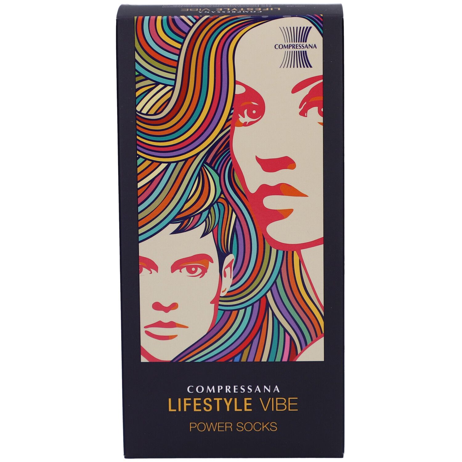 Zwarte verpakking COMPRESSANA LIFESTYLE VIBE POWER SOCKS. Illustratie van gezichten met kleurrijk haar.