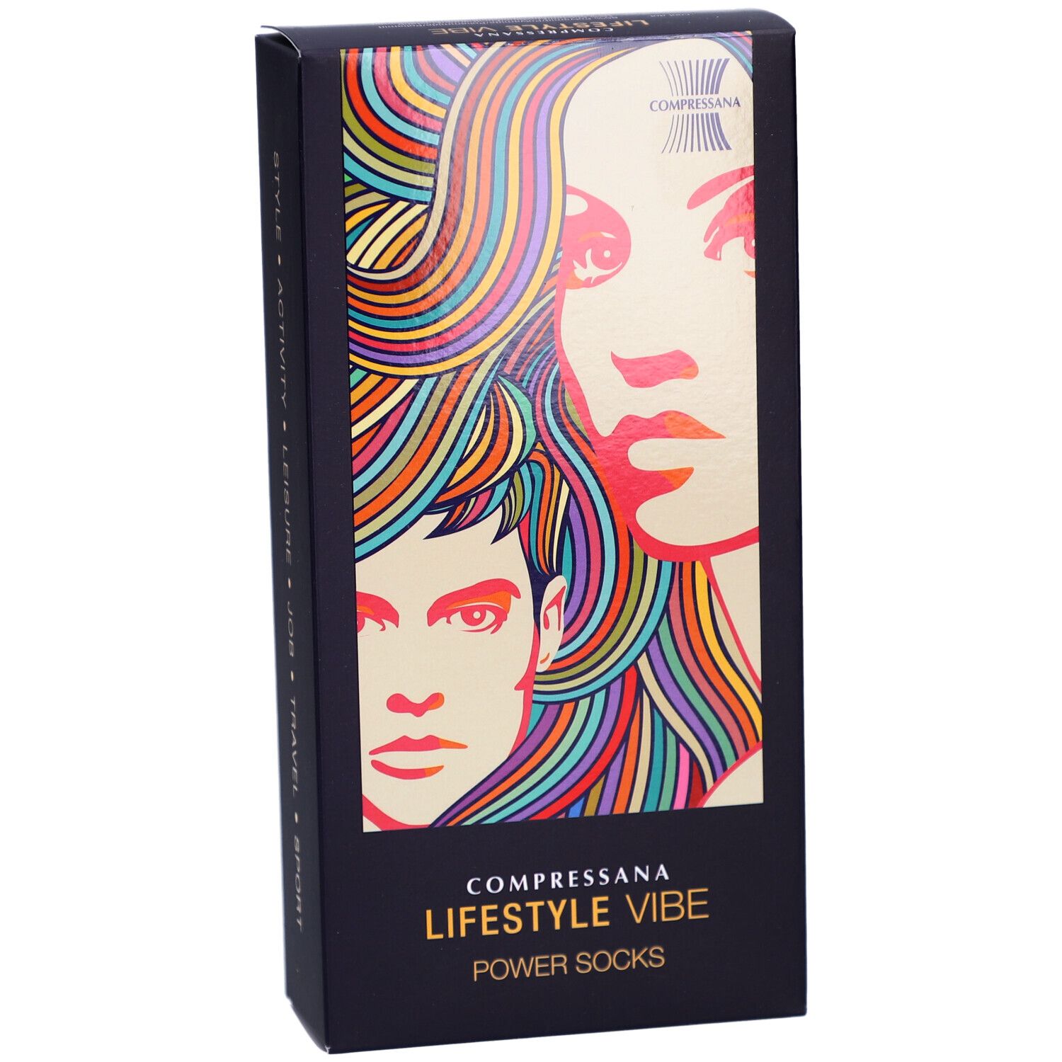 Zwarte verpakking COMPRESSANA LIFESTYLE VIBE POWER SOCKS. Illustratie van gezichten met kleurrijk haar.