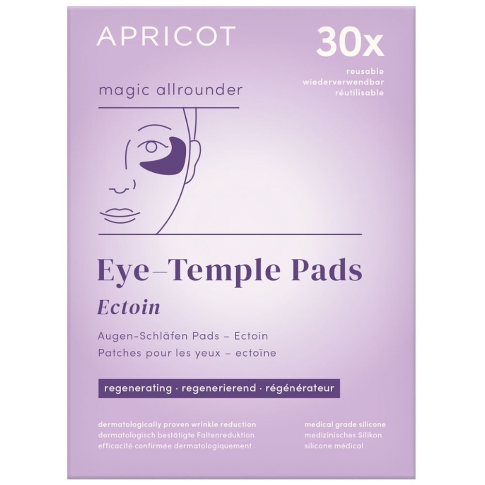 Paquet de coussinets pour les yeux et les tempes APRICOT. Contient 30 coussinets. Emballage violet avec illustration du produit.