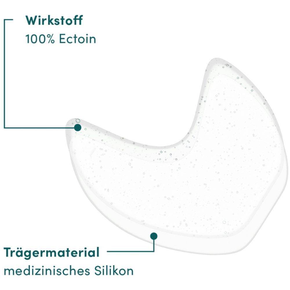 Représentation graphique d'un coussinet pour les yeux et les tempes. Ingrédient actif : 100% Ectoin. Matériau de support : silicone médical.