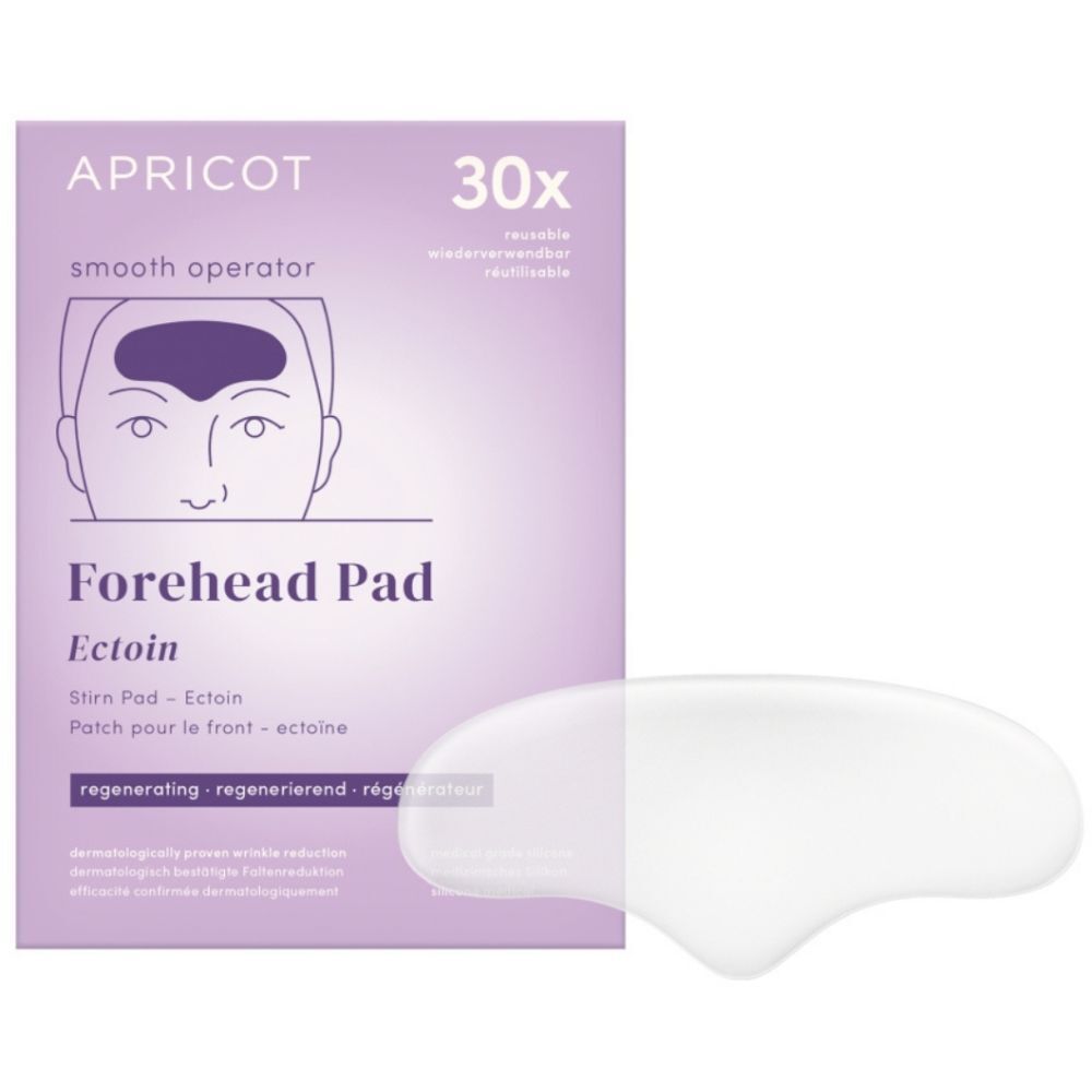 APRICOT Forehead Pad avec Ectoin et emballage. Pad en silicone clair. Emballage avec nom du produit et 30 pièces.