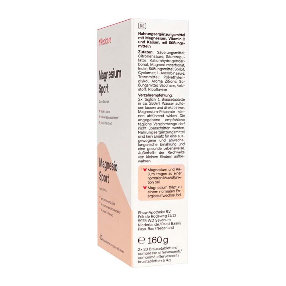 Dos de la boîte de comprimés effervescents Magnesium Sport. Texte en allemand. Ingrédients, instructions, informations nutritionnelles.