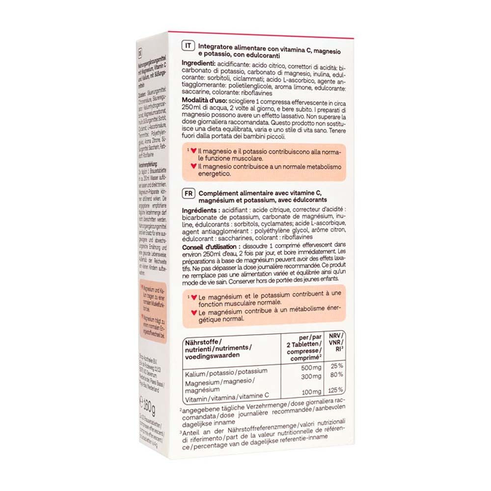Dos de la boîte de comprimés effervescents Magnesium Sport. Texte en italien. Ingrédients, instructions, informations nutritionnelles.