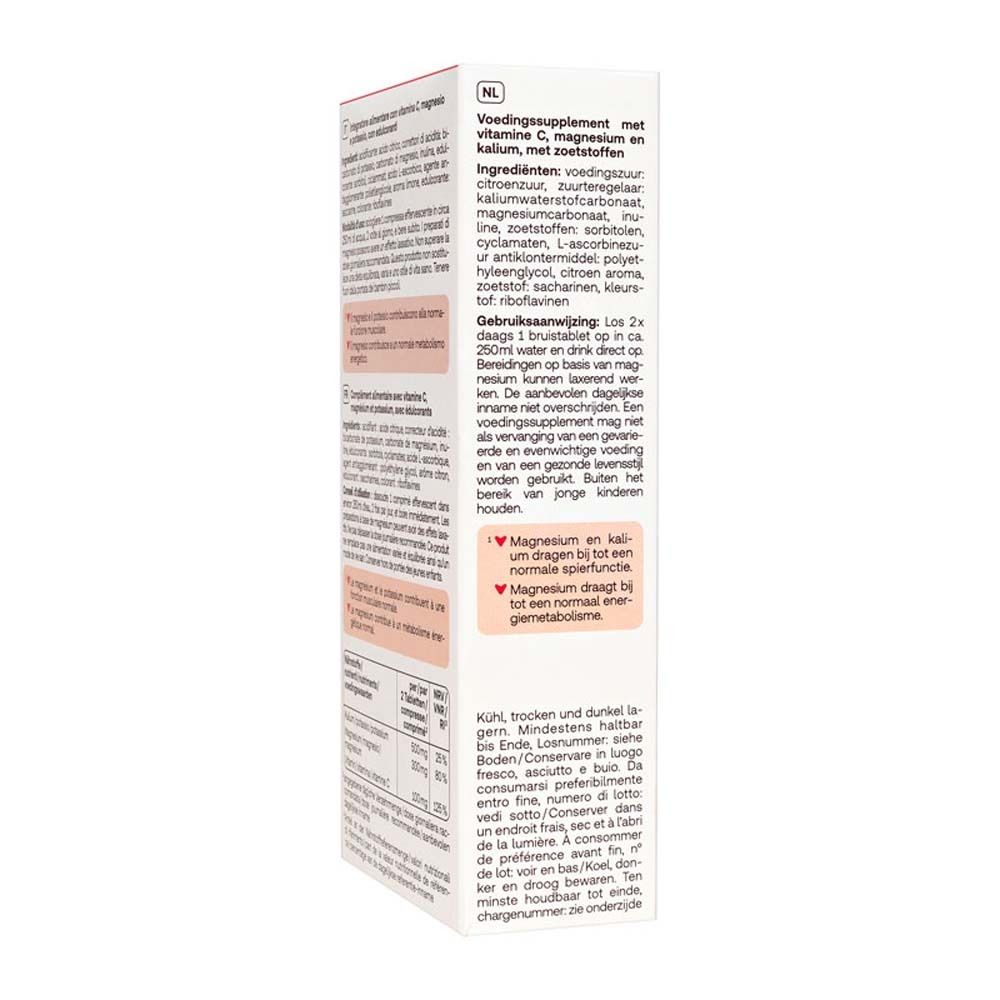 Dos de la boîte de comprimés effervescents Magnesium Sport. Texte en néerlandais. Ingrédients, instructions, informations nutritionnelles.
