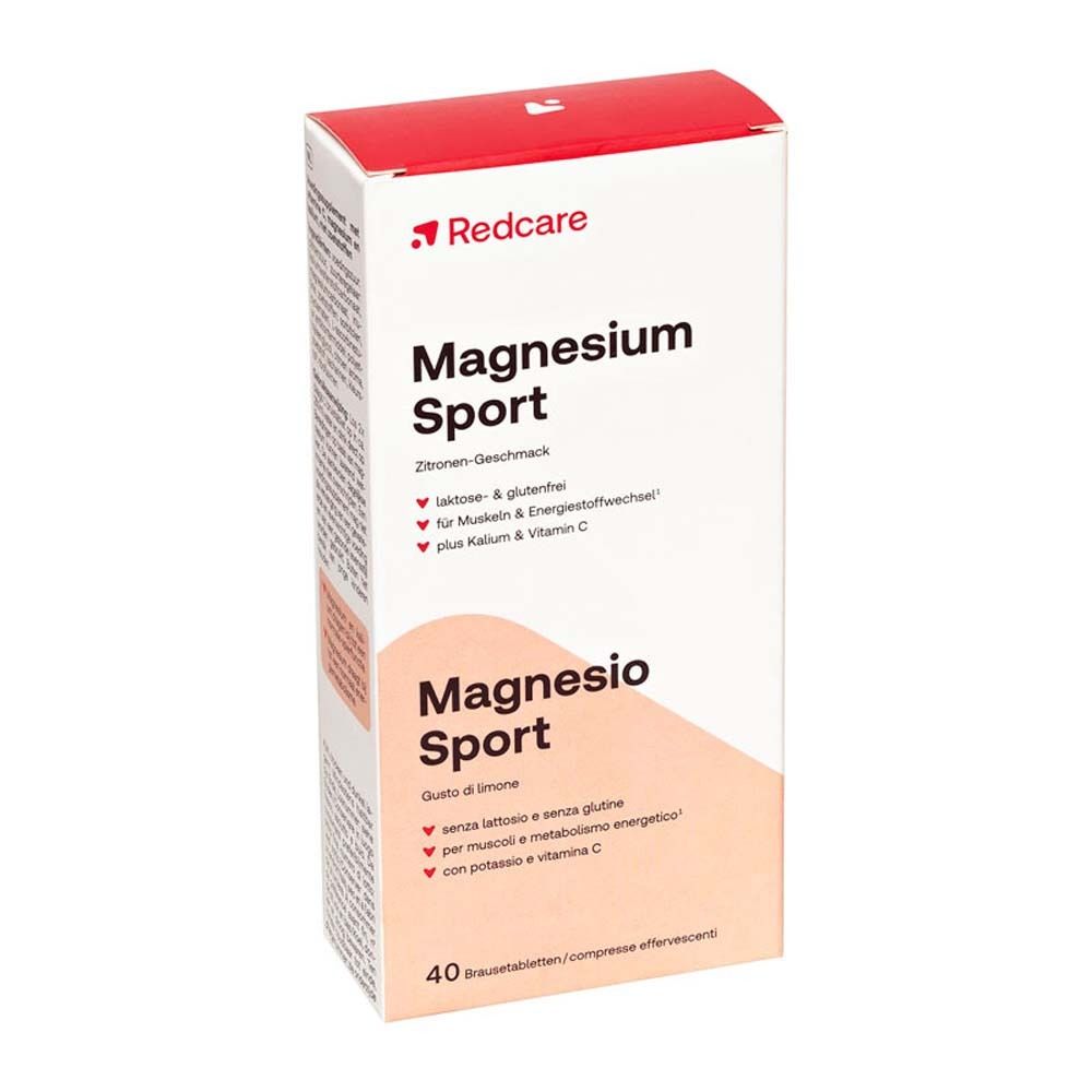 Boîte de comprimés effervescents Magnesium Sport Redcare. Inscription : Magnesium Sport, goût citron. 40 comprimés.