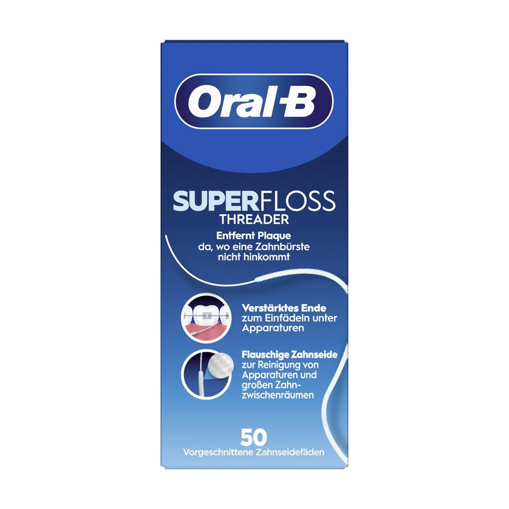 Blauw-witte verpakking van Oral-B Superfloss Threader. Bevat 50 voorgesneden flossdraden. Illustraties van tanden en flossdraad.