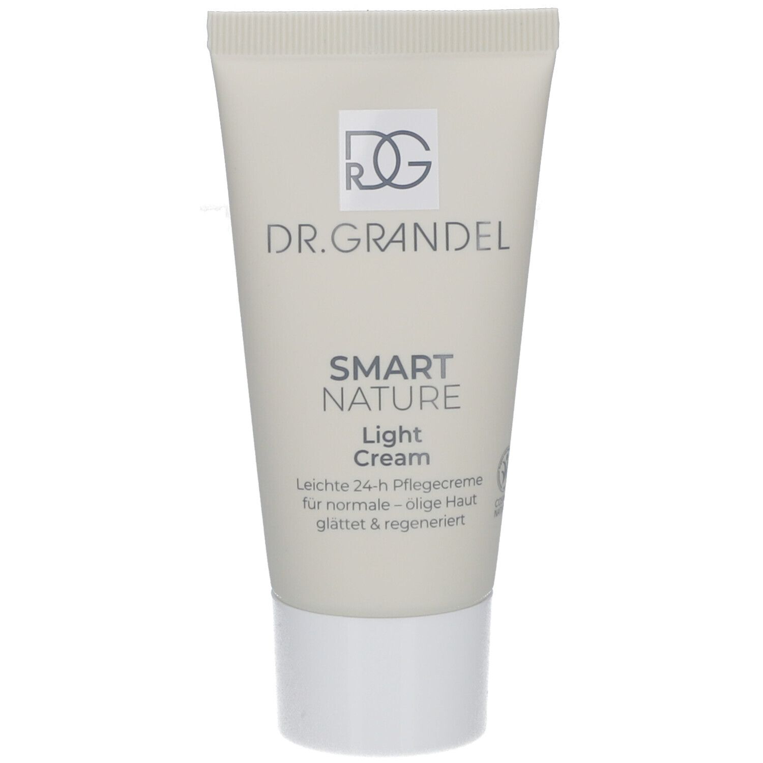 Lichtgrijze crèmetube met witte dop. Opschrift: DR. GRANDEL, SMART NATURE Light Cream. Lichte 24-uurs crème.