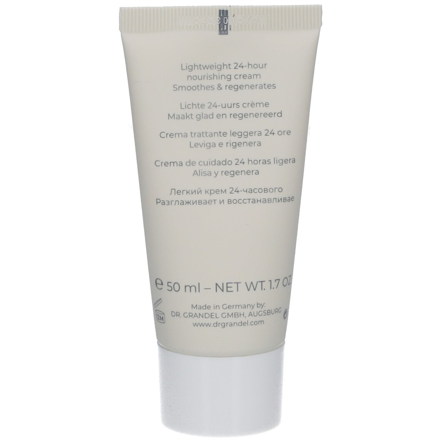 Achterkant van de crèmetube. Opschrift: Lightweight 24-hour nourishing cream. Lichte 24-uurs crème. Crema trattante leggera 24 ore.