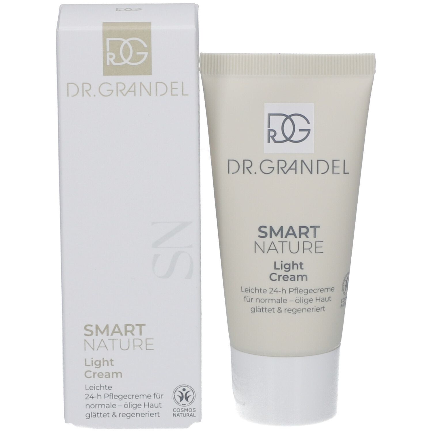 Productverpakking met crèmetube. Doos en tube met opschrift: DR. GRANDEL, SMART NATURE Light Cream. Met Cosmos Natural zegel.