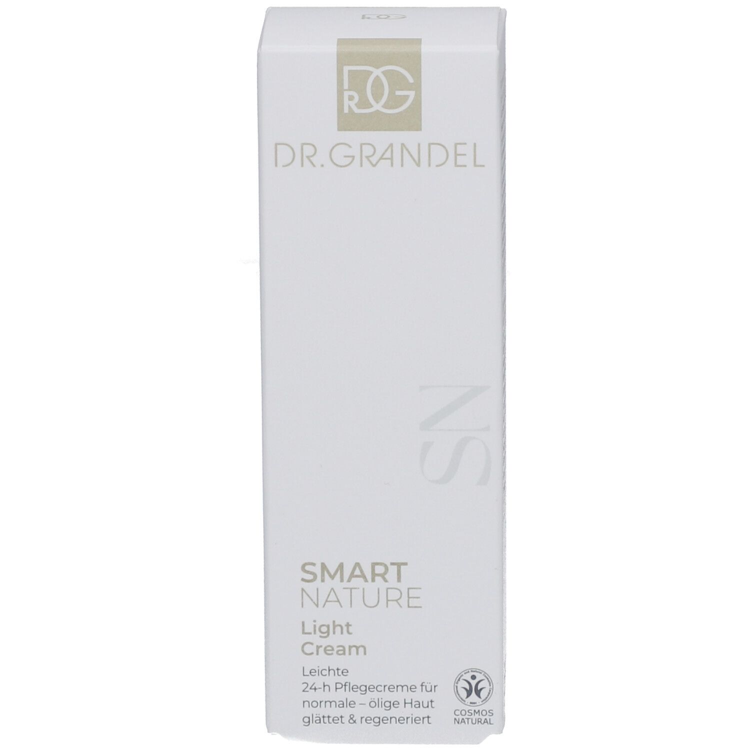 Witte productverpakking. Opschrift: DR. GRANDEL, SMART NATURE Light Cream. Lichte 24-uurs crème voor normale - vette huid.