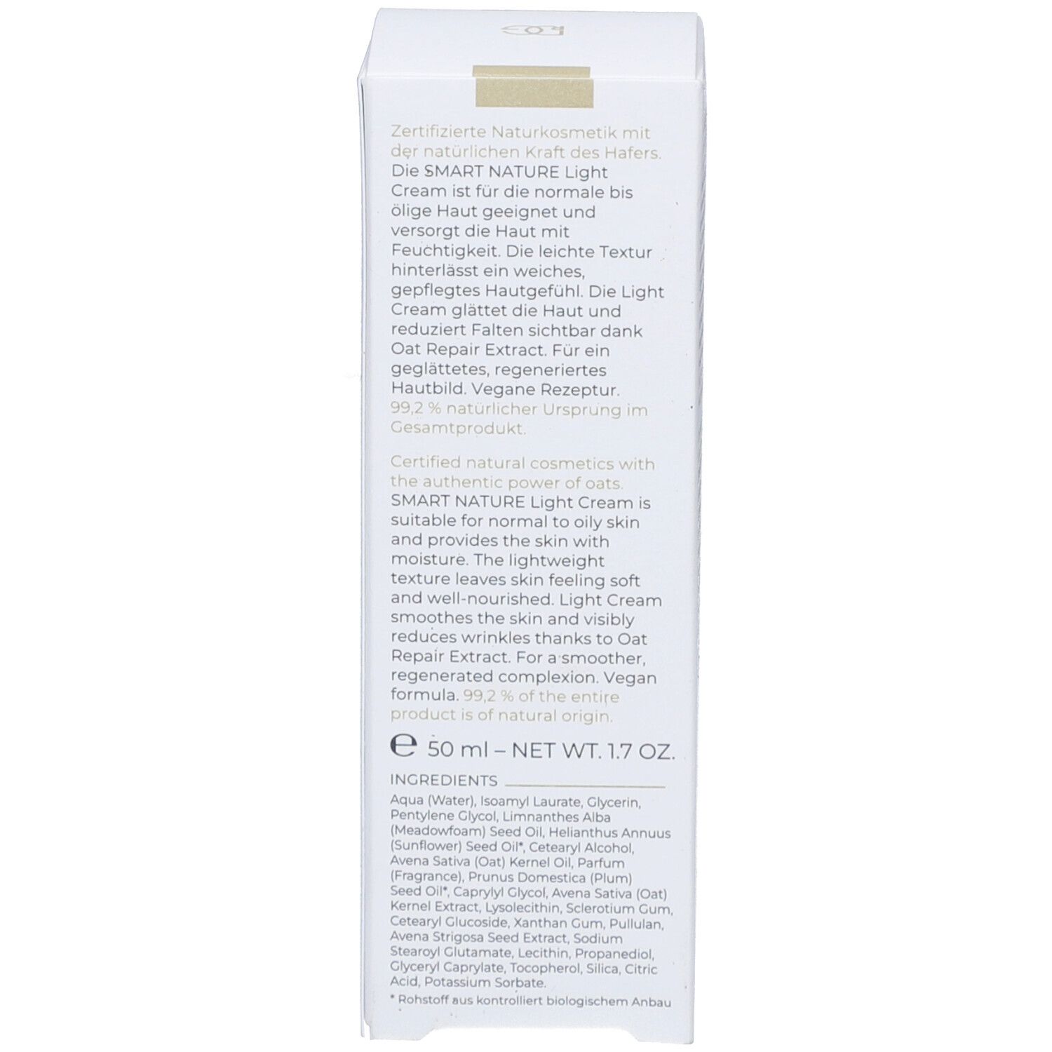Achterkant van de productverpakking. Tekst in meerdere talen. Ingrediënten. Veganistisch. 50 ml.