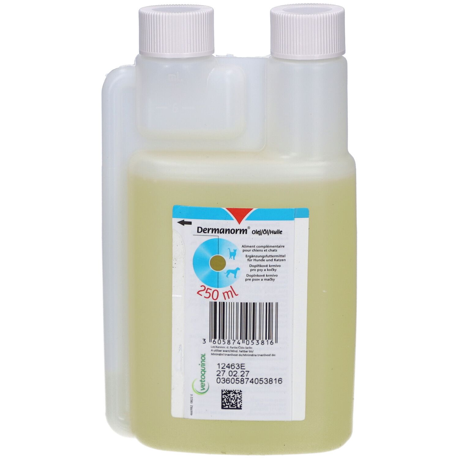 Fles met gelige vloeistof, Dermanorm Olie-Oliepoeder, 250 ml.