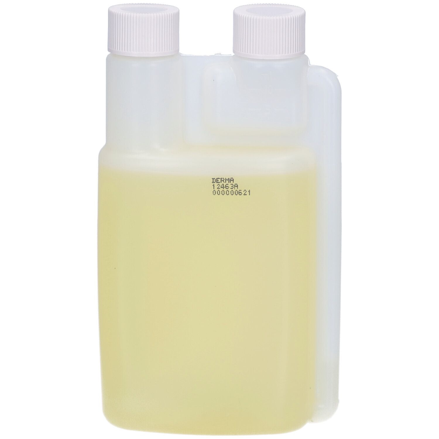 Fles met gelige vloeistof, Dermanorm Olie-Oliepoeder, 250 ml.