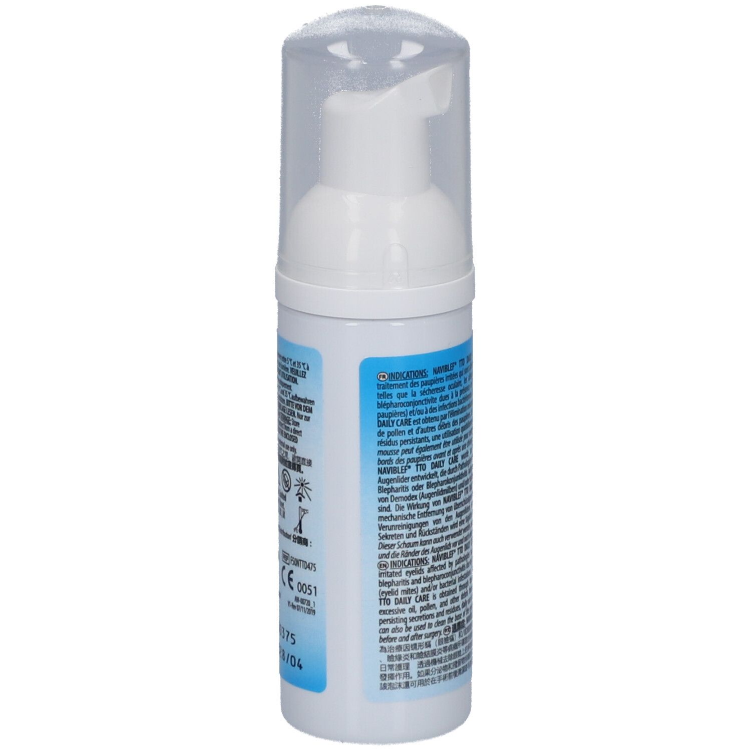 Flacon blanc avec pompe. Inscription: naviblef TTO DAILY CARE. Dos avec texte et symboles. Marquage CE.
