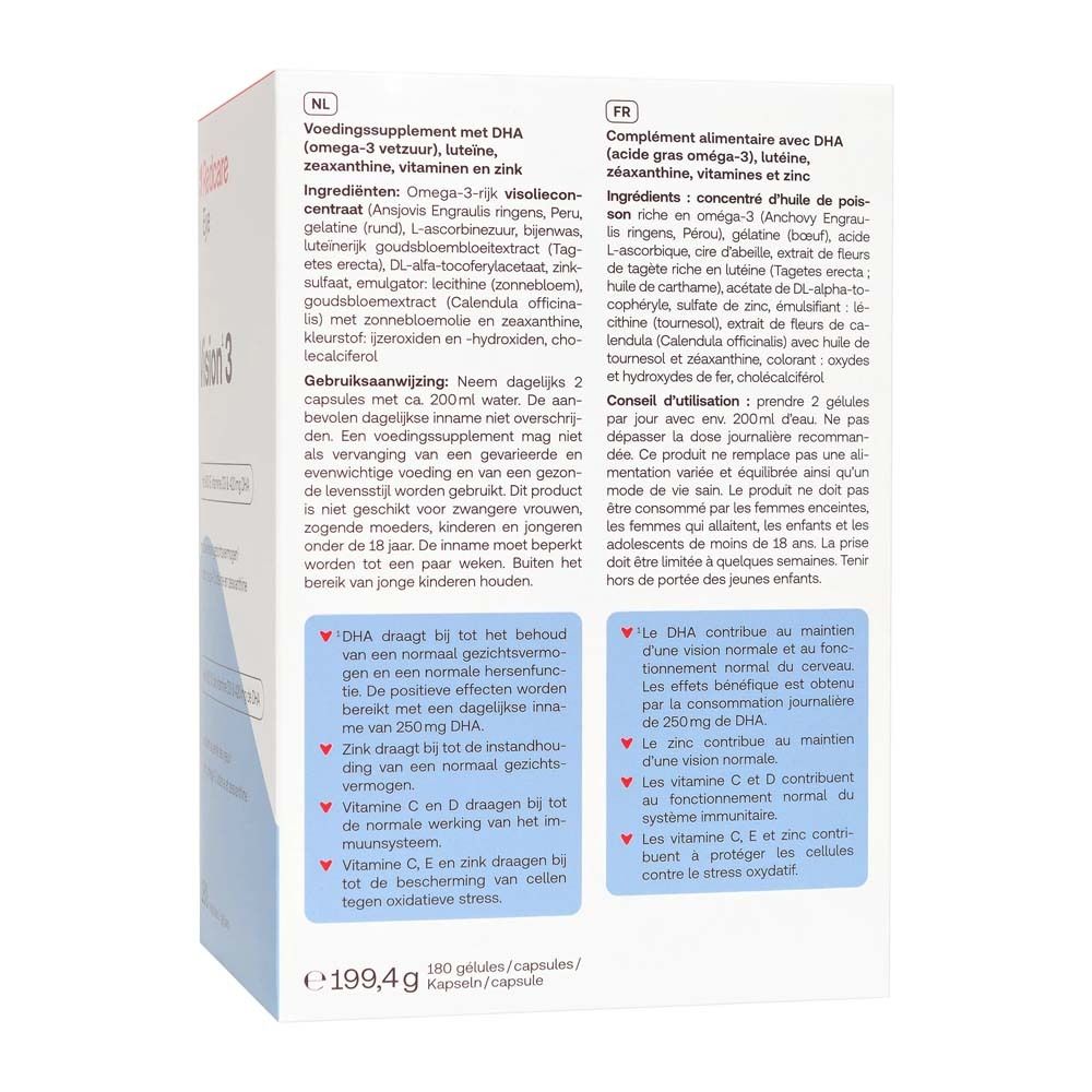 Dos de la boîte Redcare Eye Vision 3. Texte en français, ingrédients, conseils d'utilisation et tableau nutritionnel.