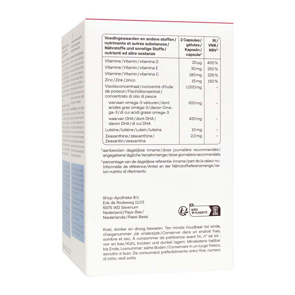 Détail du dos de la boîte Redcare Eye Vision 3. Tableau nutritionnel et conseils de conservation.